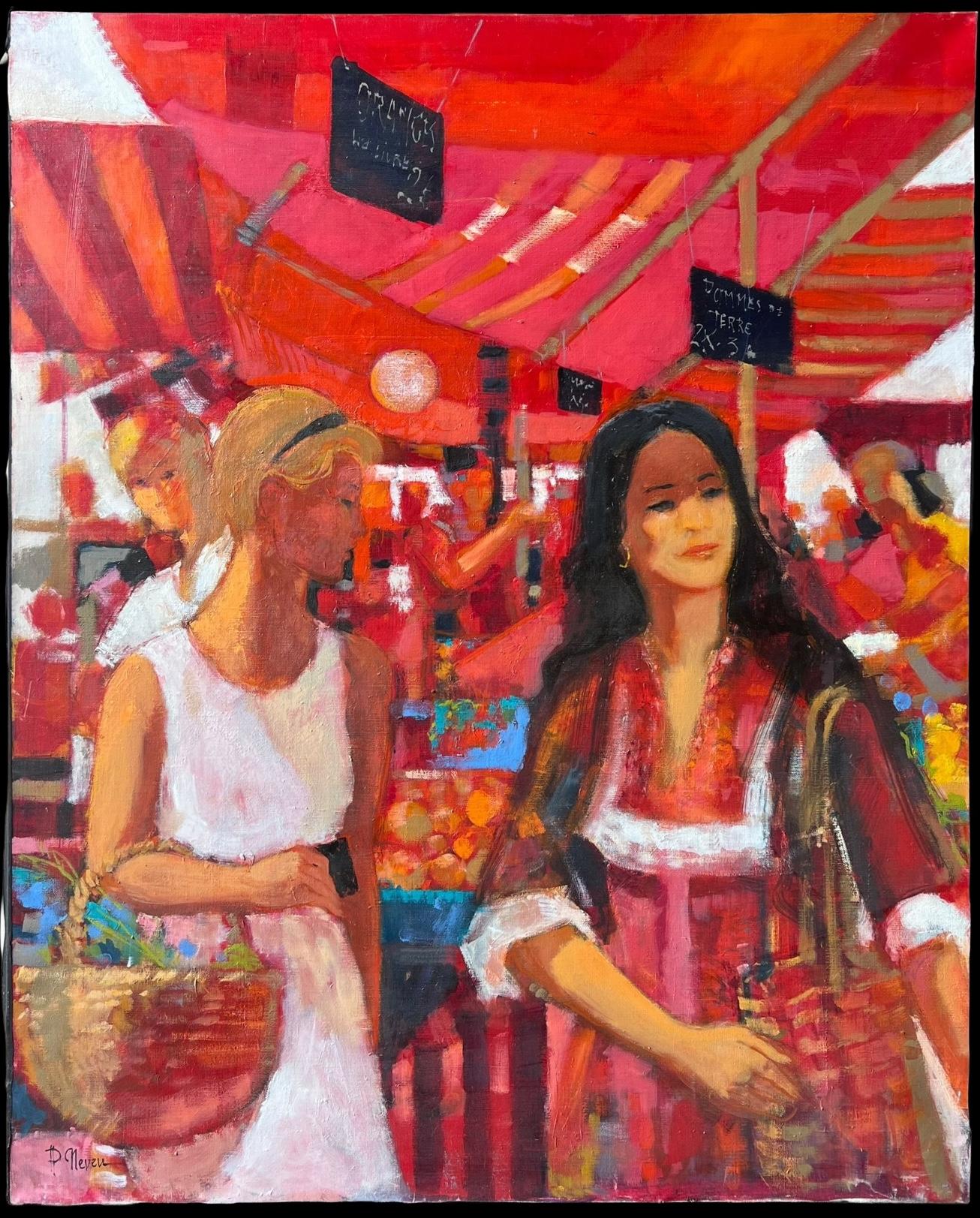 Femmes déambulant dans les étals d'un marché rouge vif rempli de produits et d'huile française - Painting de Pierre Neveu