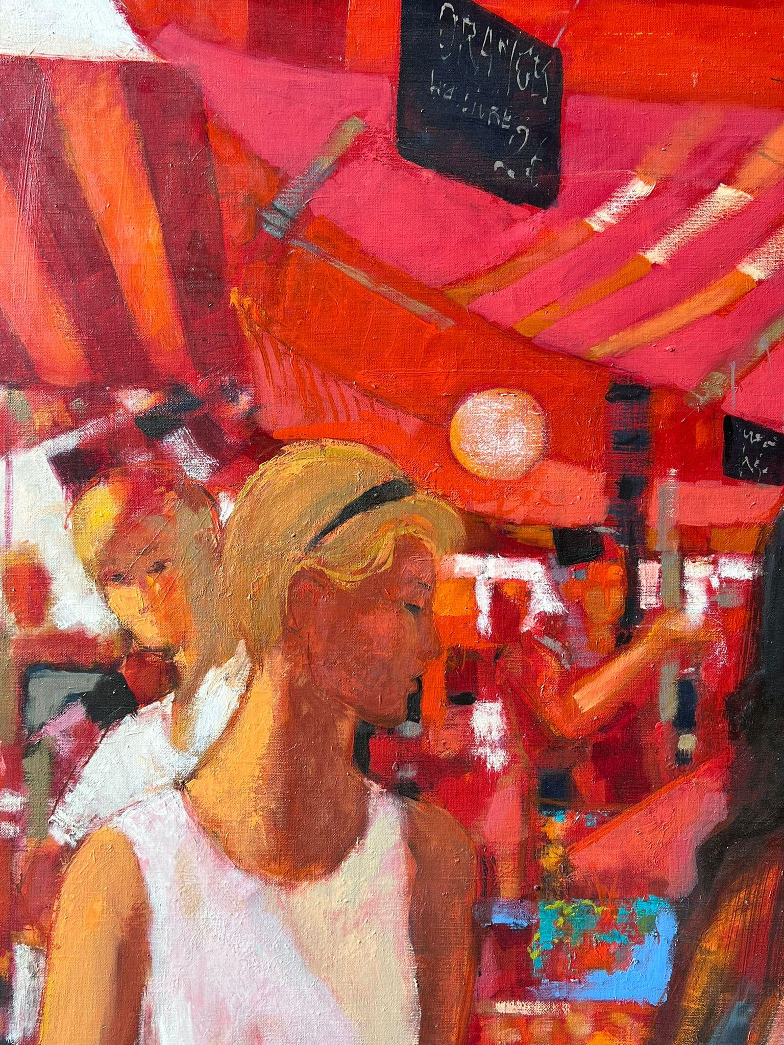 Femmes déambulant dans les étals d'un marché rouge vif rempli de produits et d'huile française - Post-impressionnisme Painting par Pierre Neveu