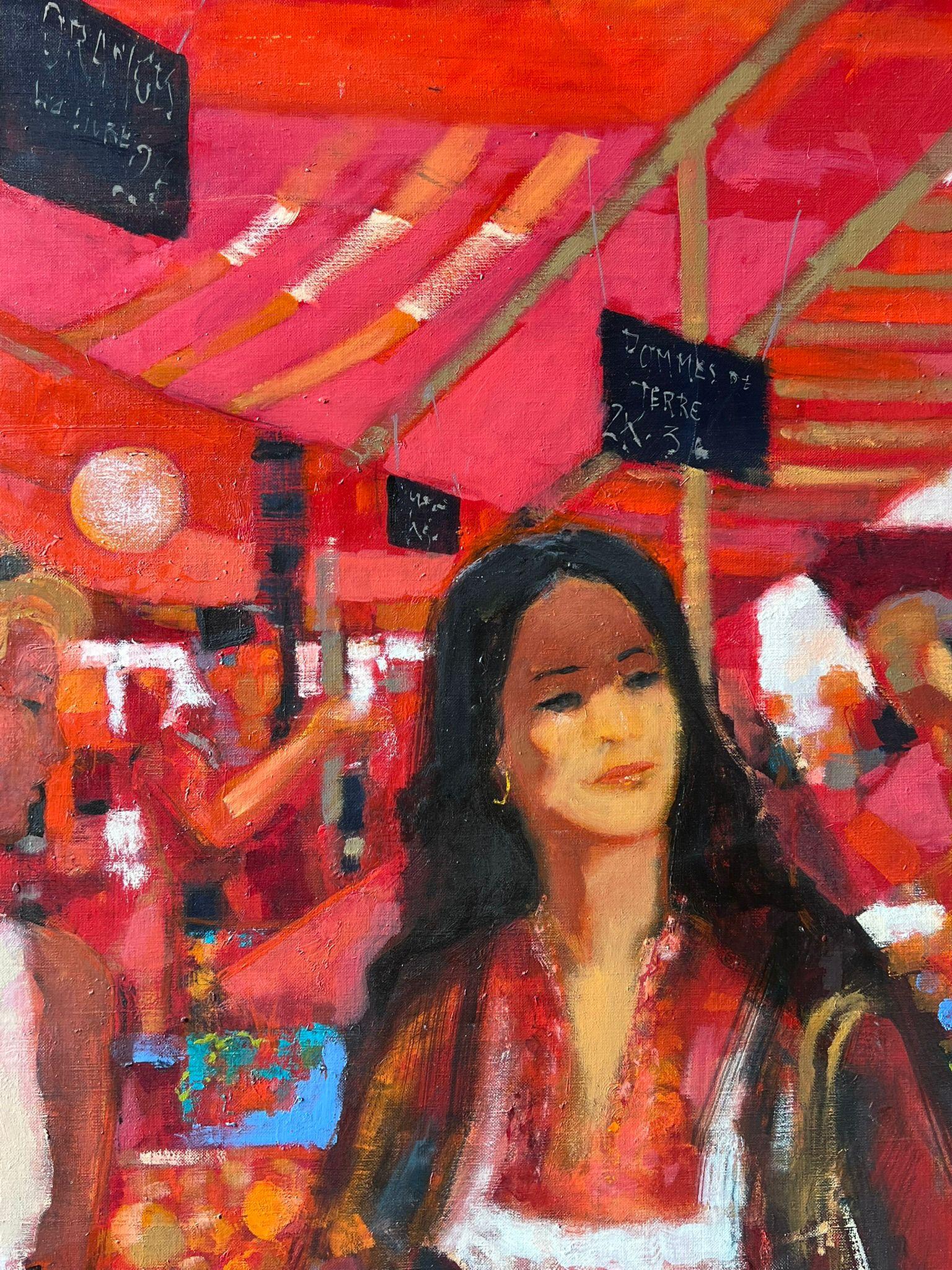 Femmes déambulant dans les étals d'un marché rouge vif rempli de produits et d'huile française - Rouge Figurative Painting par Pierre Neveu