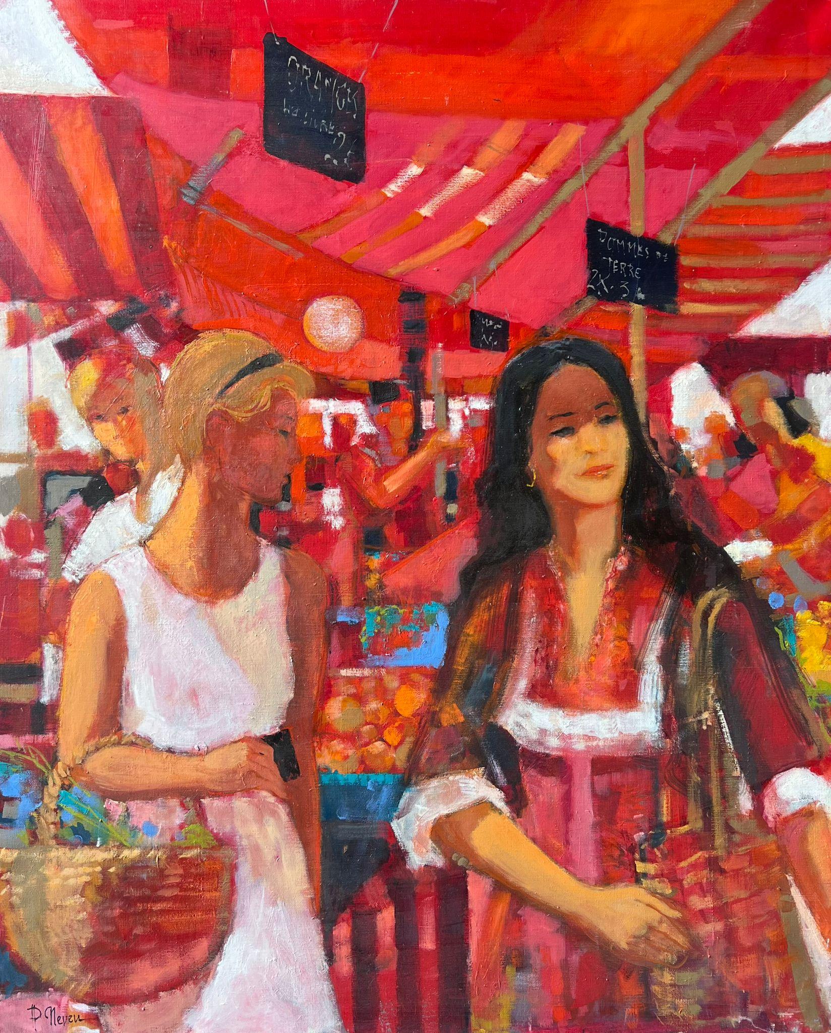 Figurative Painting Pierre Neveu - Femmes déambulant dans les étals d
un marché rouge vif rempli de produits et d
huile française