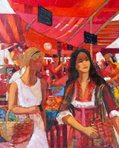 Women Strolling Through Bright Red Market Stalls Filled With Produce French Oil