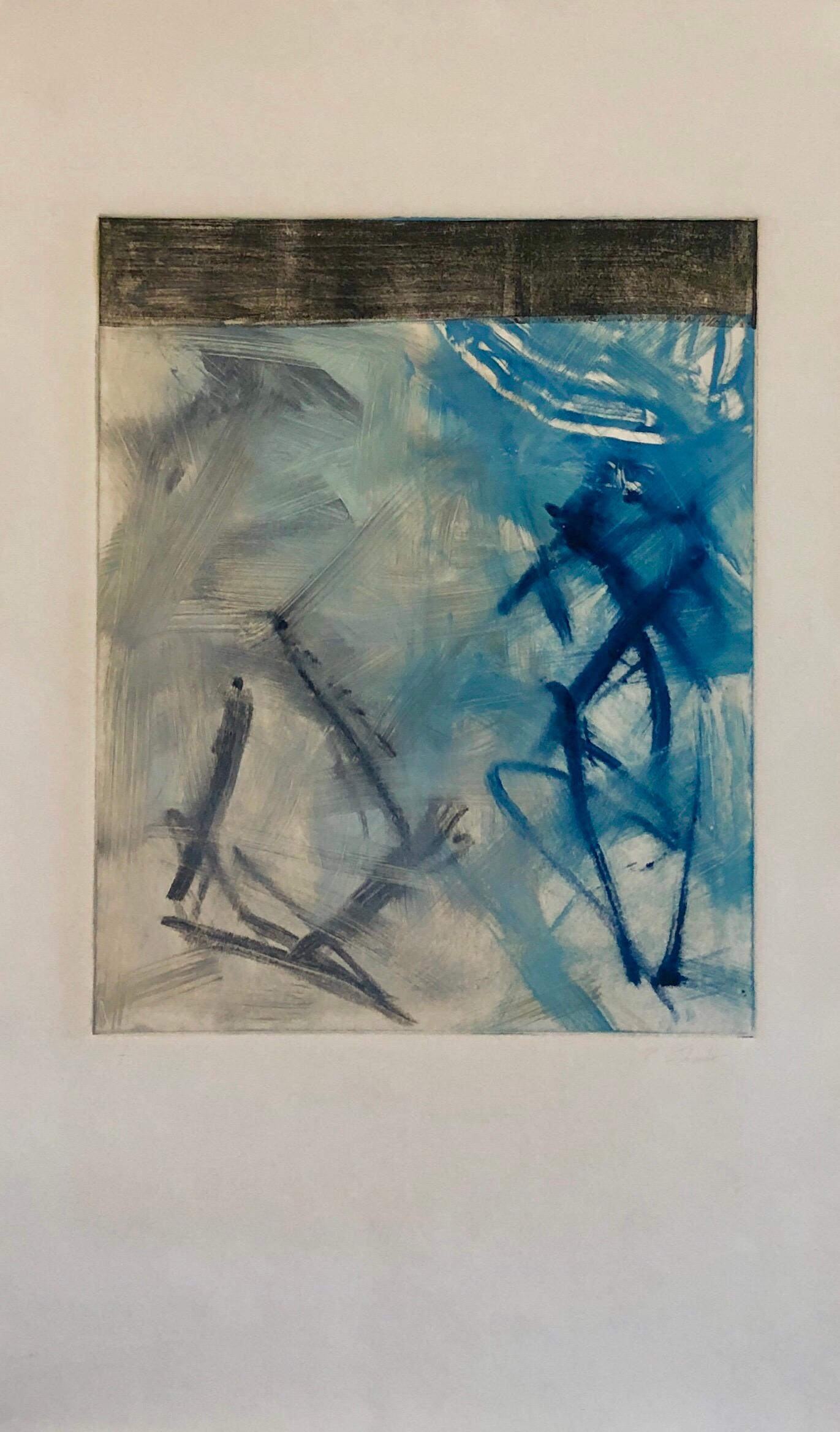 Abstrakt-expressionistischer modernistischer blau-grauer Monodruck Monotypie-Gemäldedruck – Painting von Pierre Obando