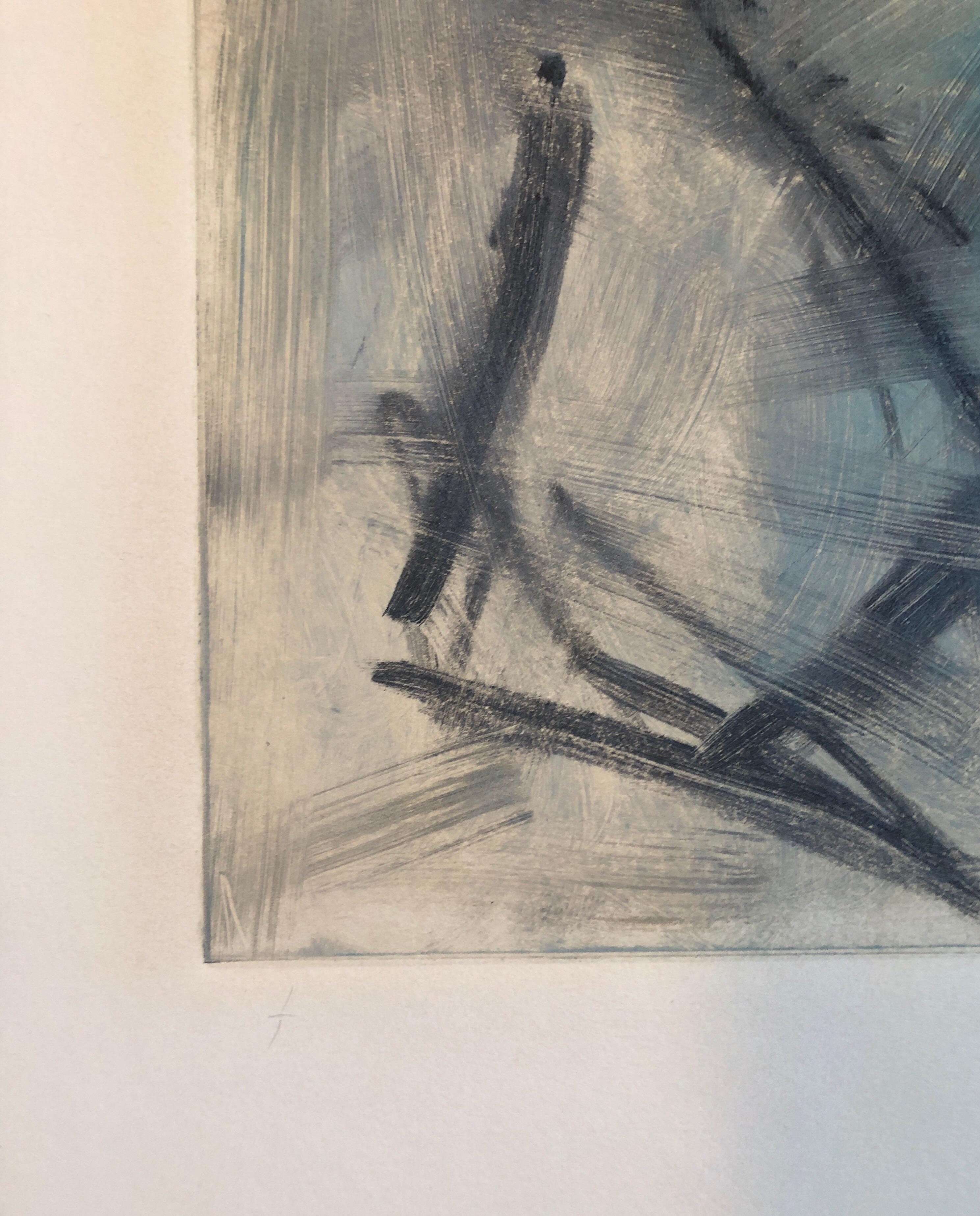 Abstrakt-expressionistischer modernistischer blau-grauer Monodruck Monotypie-Gemäldedruck im Angebot 1