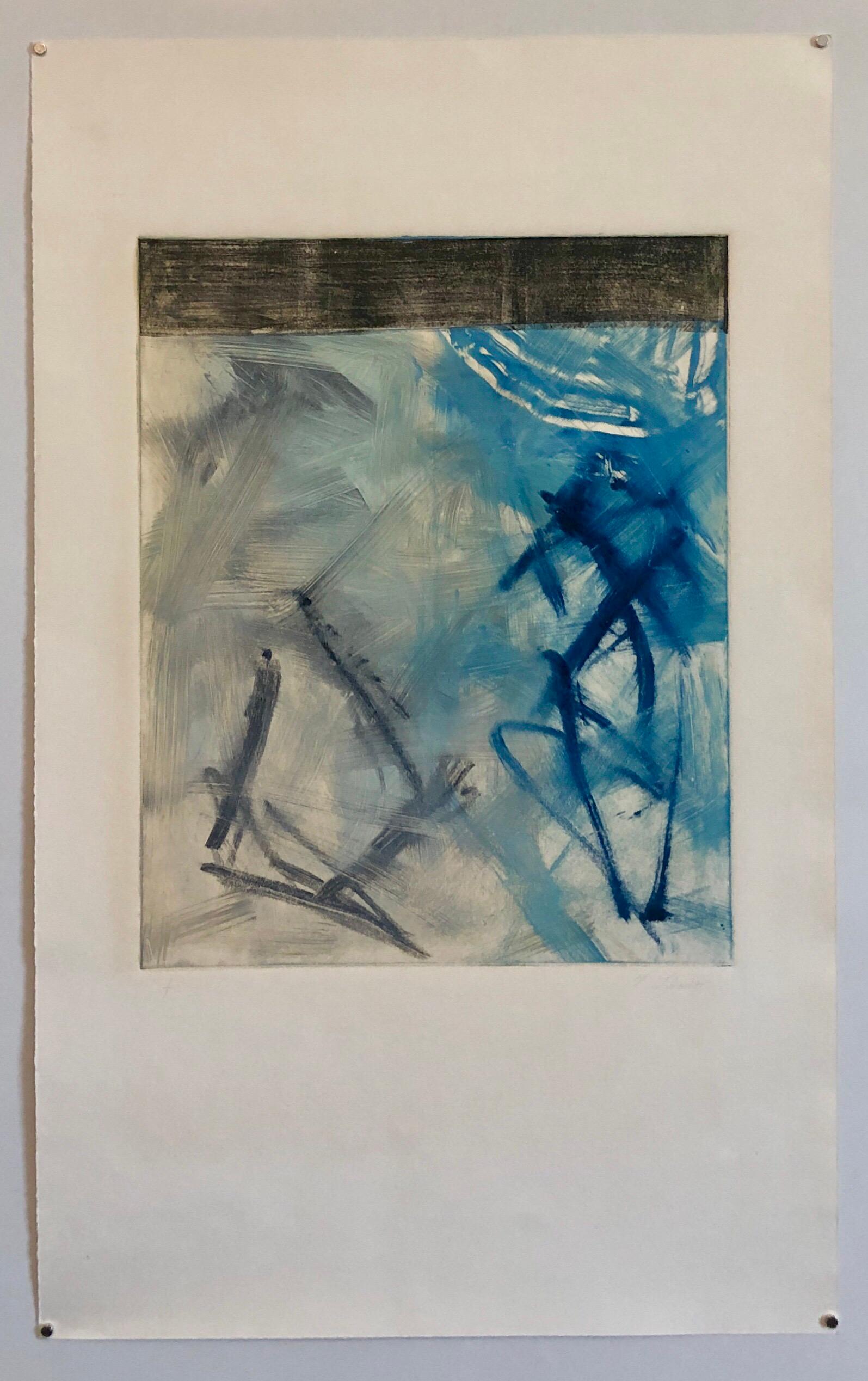 Abstrakt-expressionistischer modernistischer blau-grauer Monodruck Monotypie-Gemäldedruck im Angebot 3