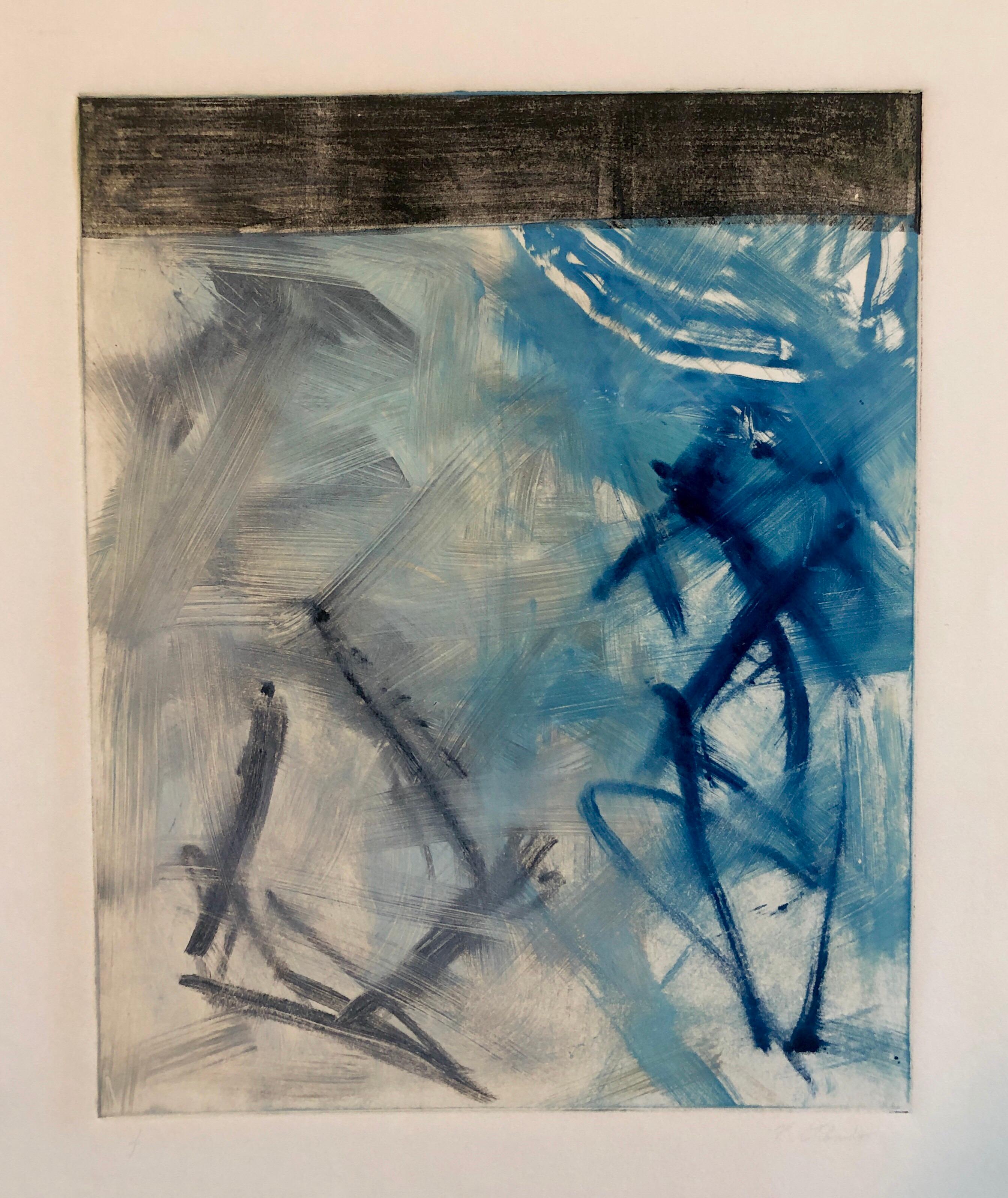 Pierre Obando Abstract Painting – Abstrakt-expressionistischer modernistischer blau-grauer Monodruck Monotypie-Gemäldedruck