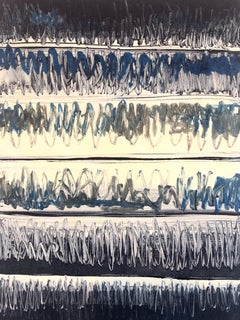 Stampa pittorica in monotipo, in stile espressionista astratto e modernista, su tela di denim blu