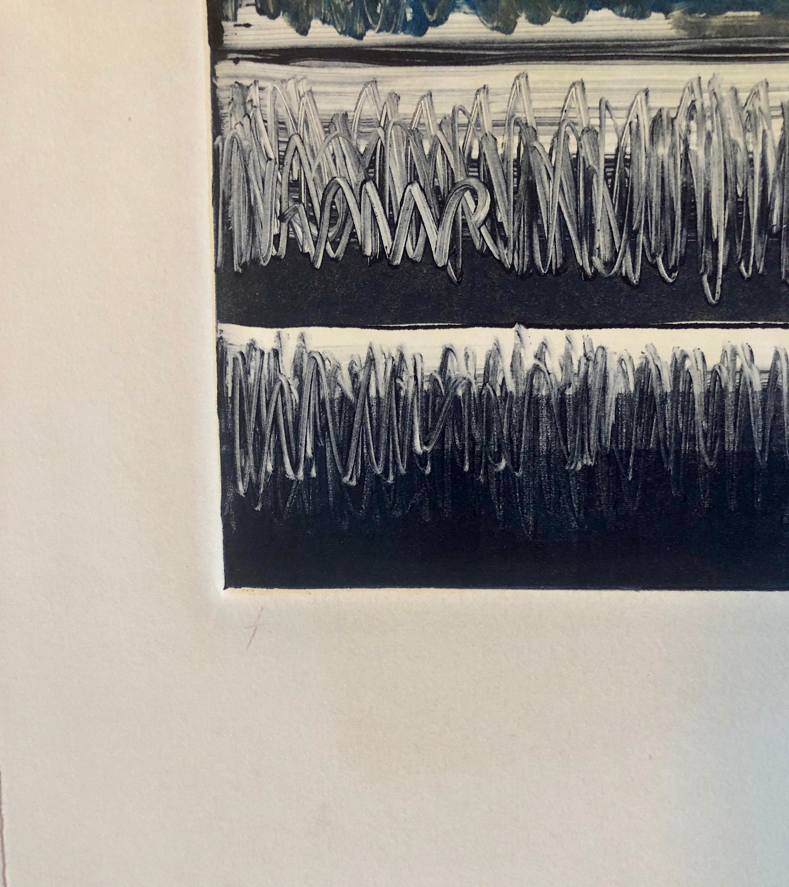 Abstrakt-expressionistischer modernistischer Denim-Blauer Monodruck Monotypie-Gemäldedruck in Monotypie (Abstrakter Expressionismus), Print, von Pierre Obando