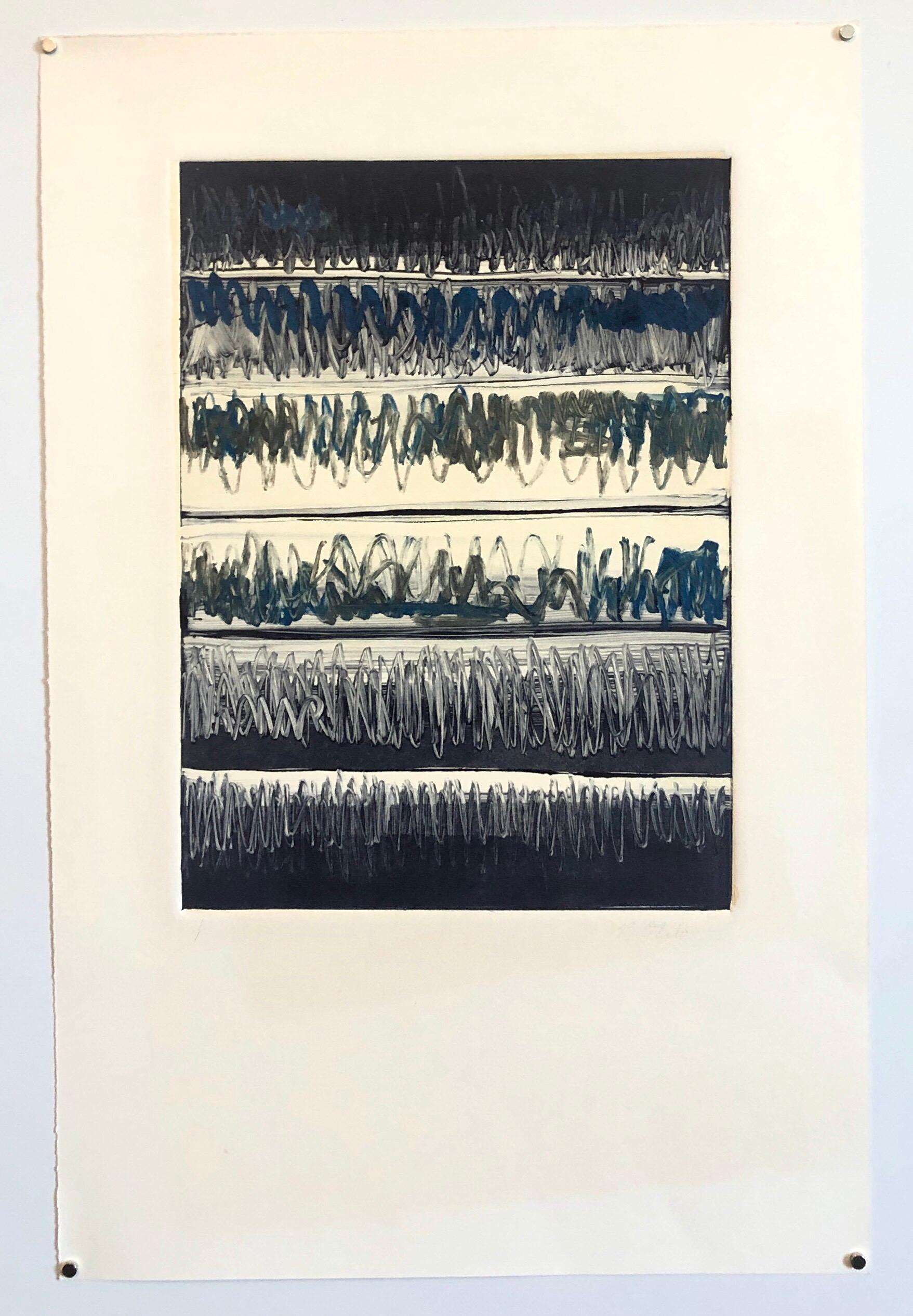 Abstrakt-expressionistischer modernistischer Denim-Blauer Monodruck Monotypie-Gemäldedruck in Monotypie im Angebot 1
