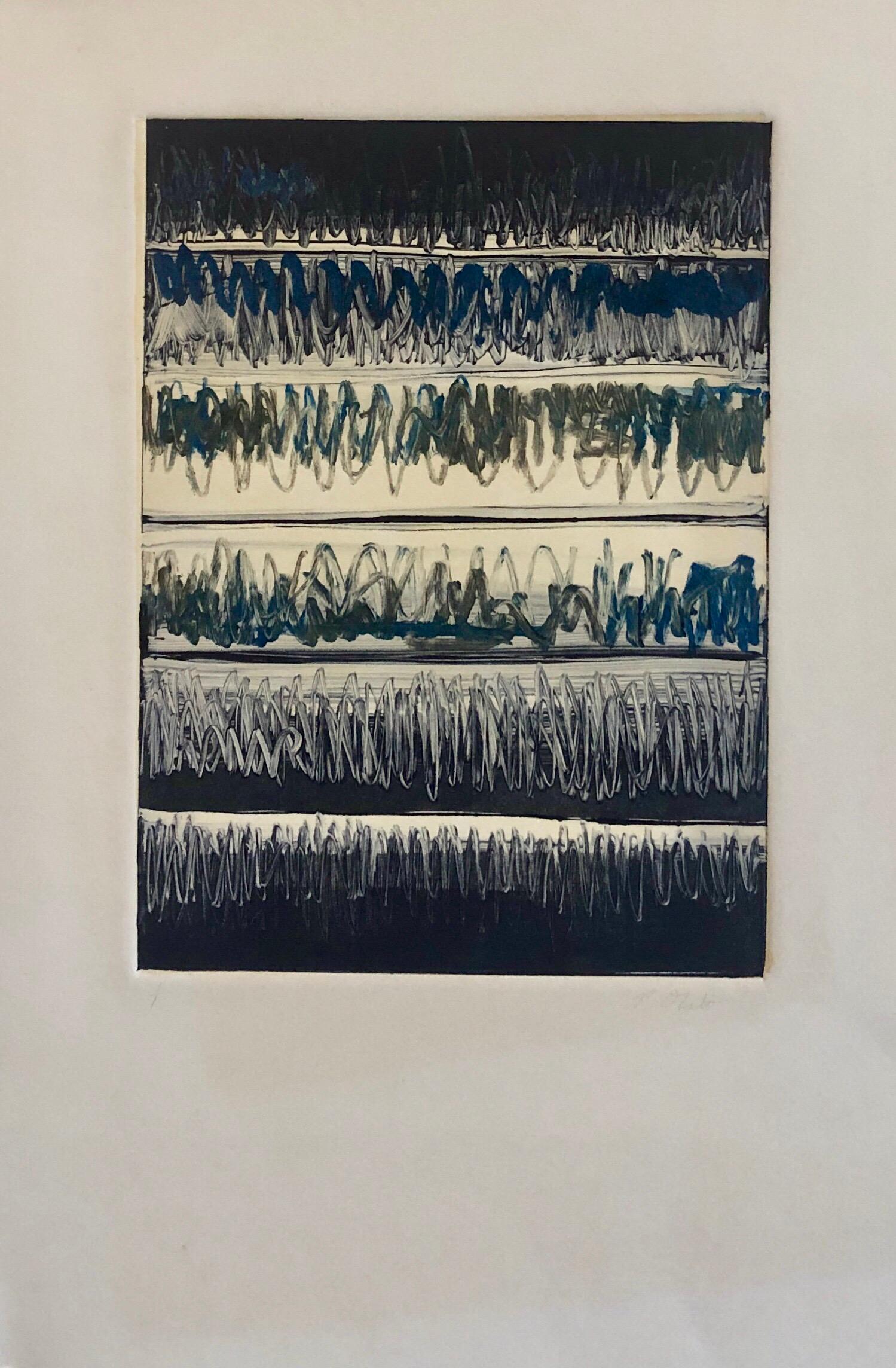 Pierre Obando Abstract Print – Abstrakt-expressionistischer modernistischer Denim-Blauer Monodruck Monotypie-Gemäldedruck in Monotypie