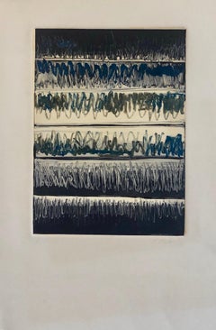 Retro Abstract Expressionist Modernist Denim Blue Monoprint Monotype Painting Print