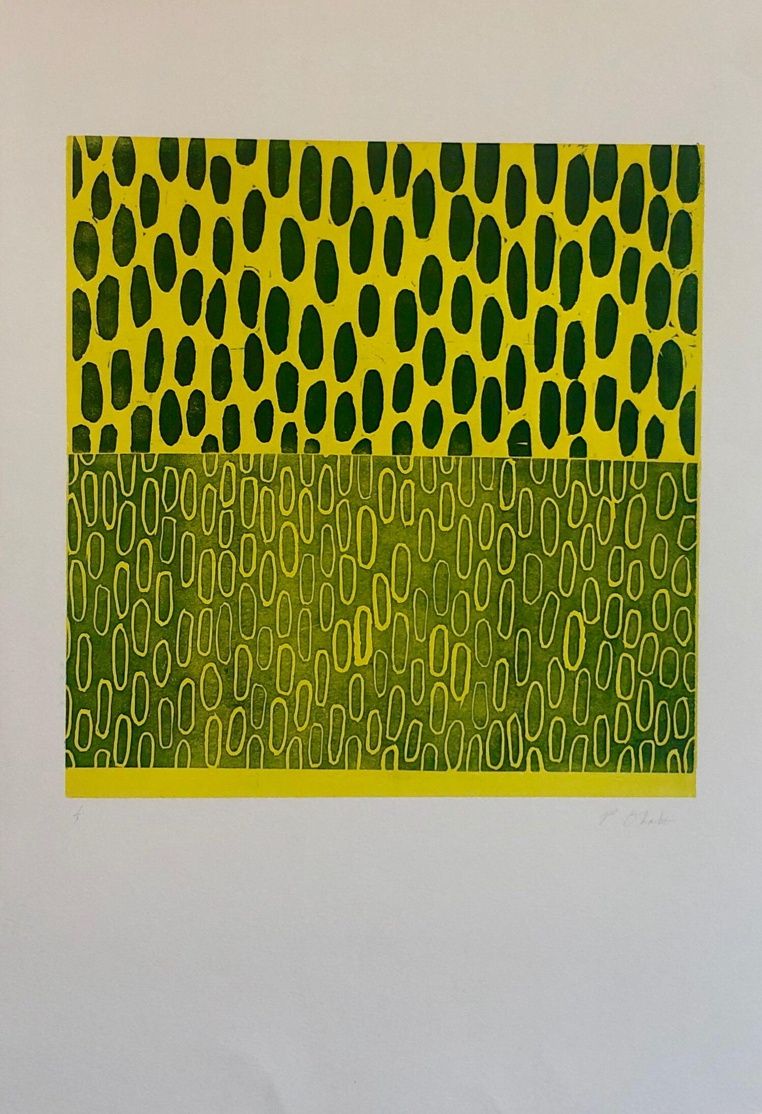 Abstrakter Expressionist Modernist Gelb Blau Monoprint Monotypie Malerei Druck – Print von Pierre Obando