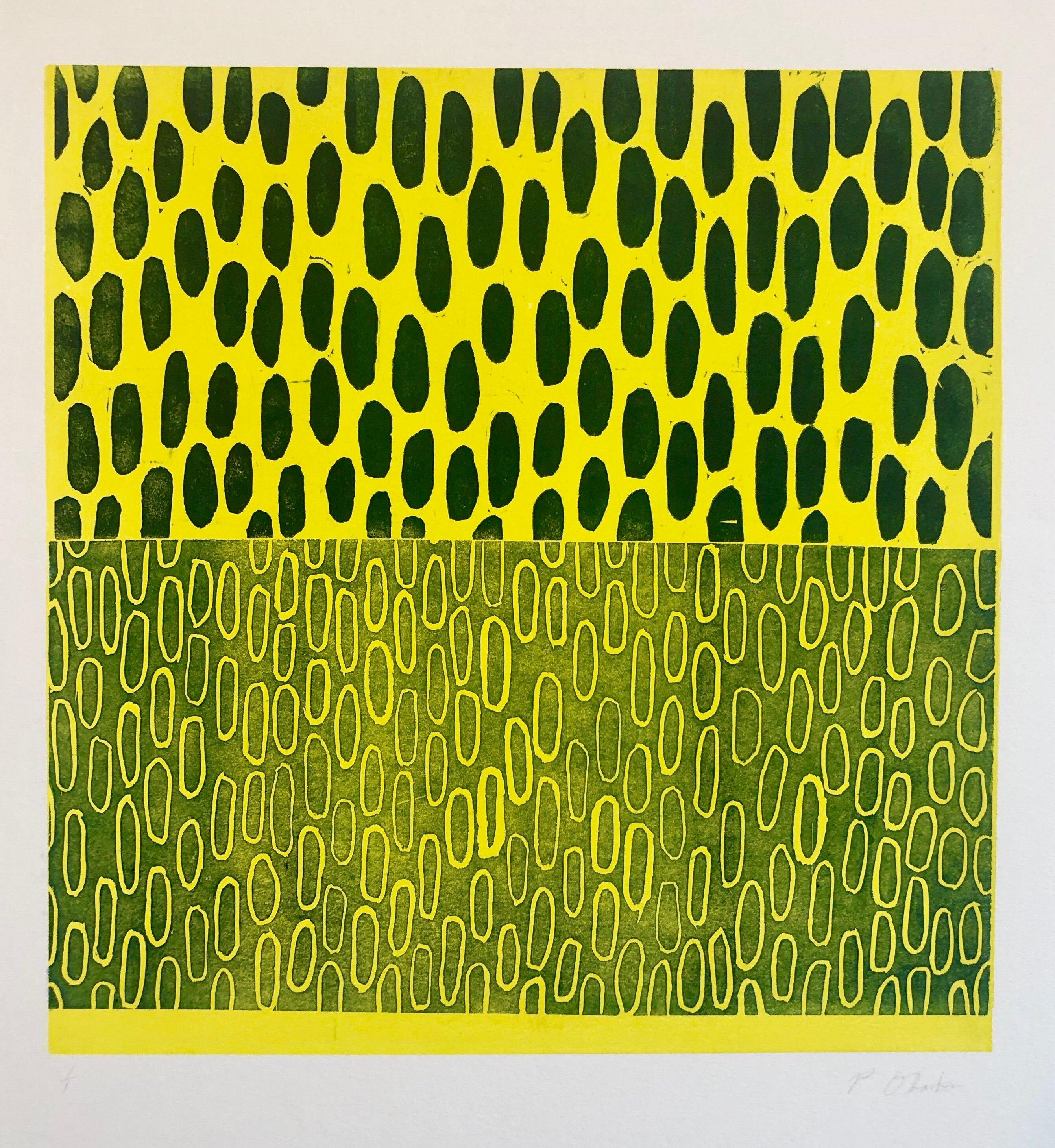 Pierre Obando Abstract Print – Abstrakter Expressionist Modernist Gelb Blau Monoprint Monotypie Malerei Druck