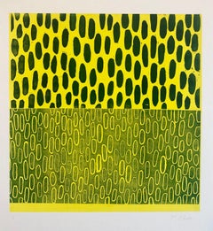 Impression monotype de peinture expressionniste abstraite moderniste jaune et bleue
