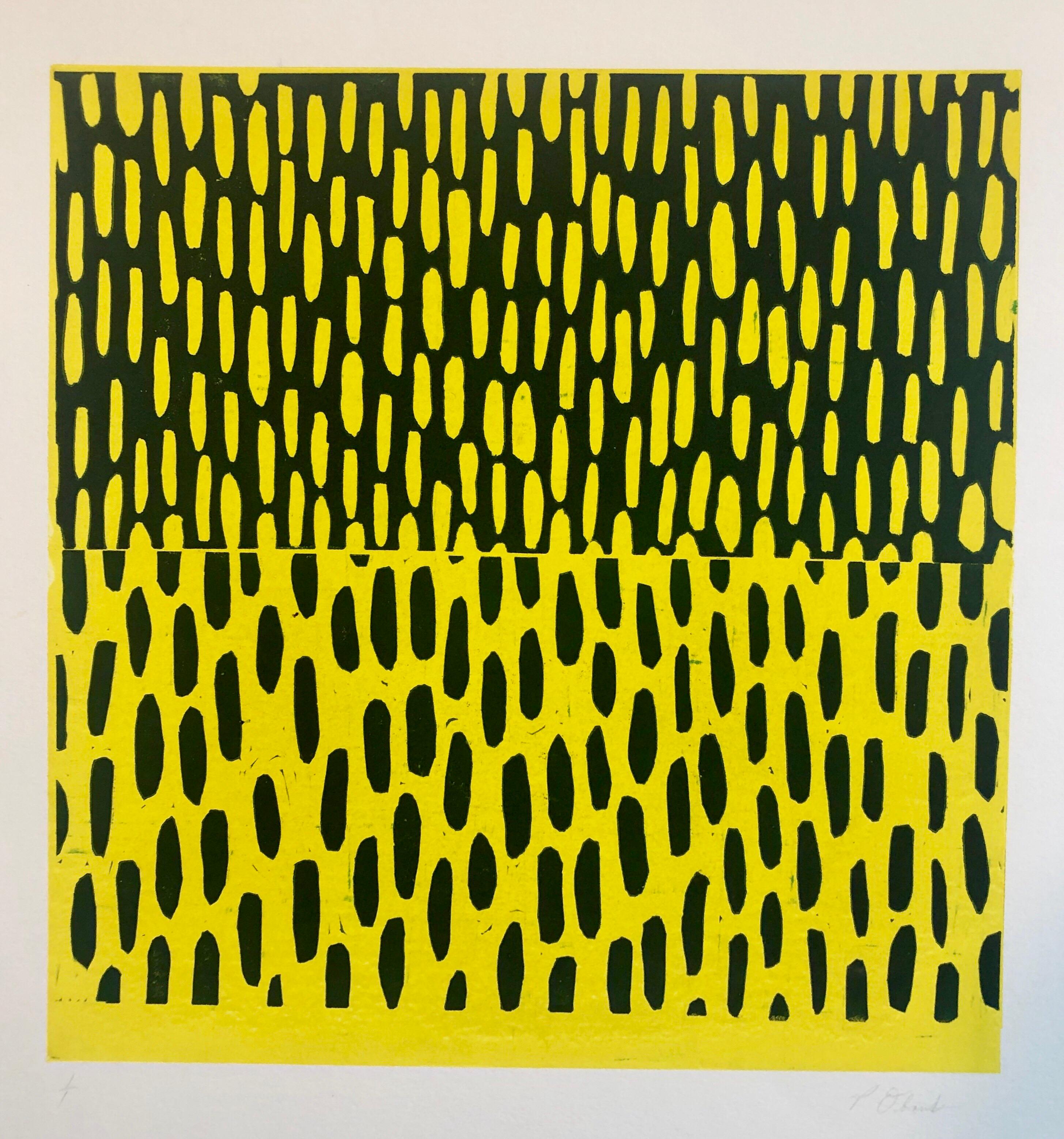 Impression monotype de peinture expressionniste abstraite moderniste jaune et bleue
