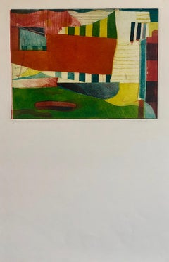 Abstrakter modernistischer farbenfroher, kühner Monodruck, Monotypie-Gemäldedruck, Pierre Obando