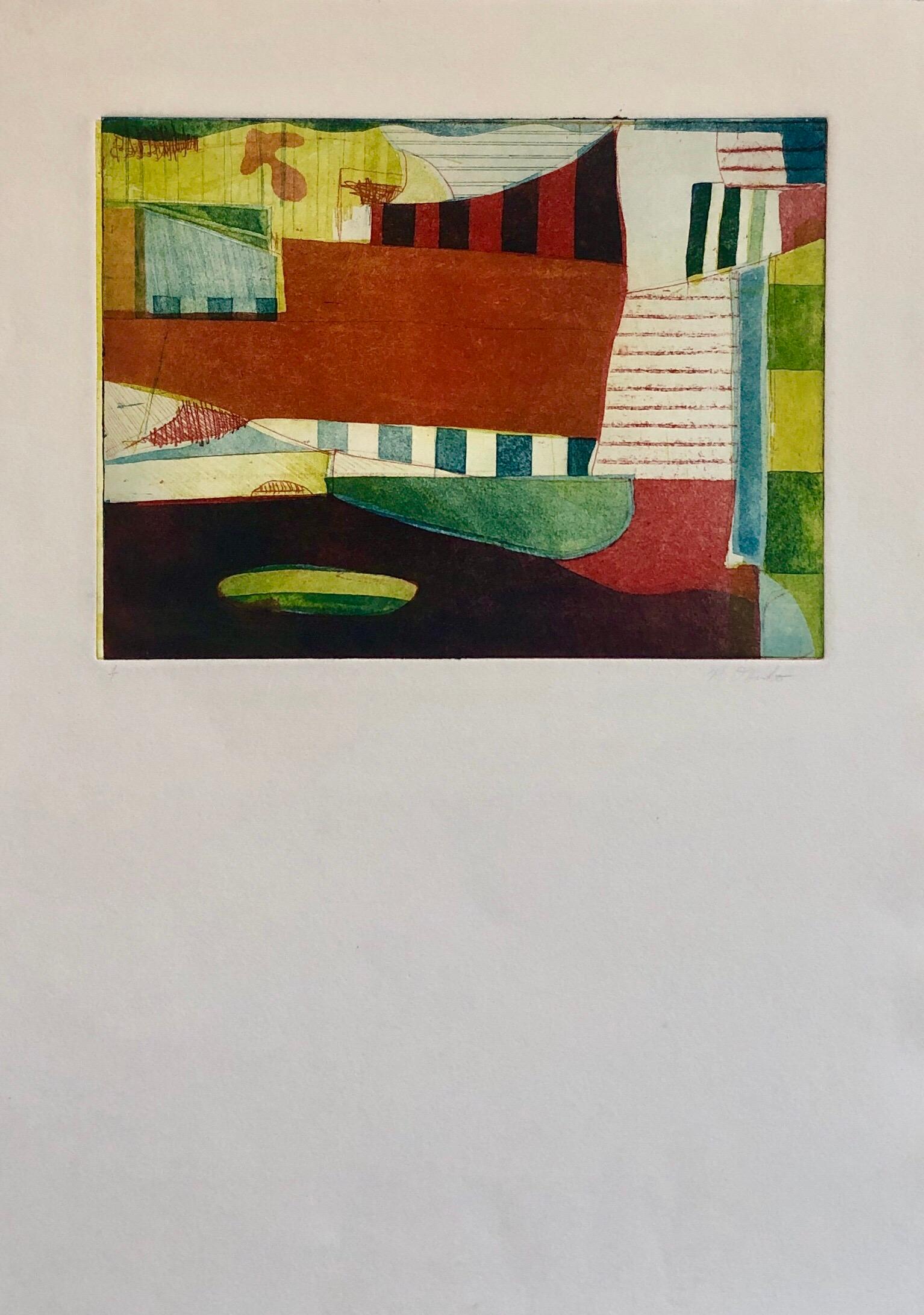 Abstrakter modernistischer farbenfroher, kühner Monodruck, Monotypie-Gemäldedruck, Pierre Obando im Angebot 2
