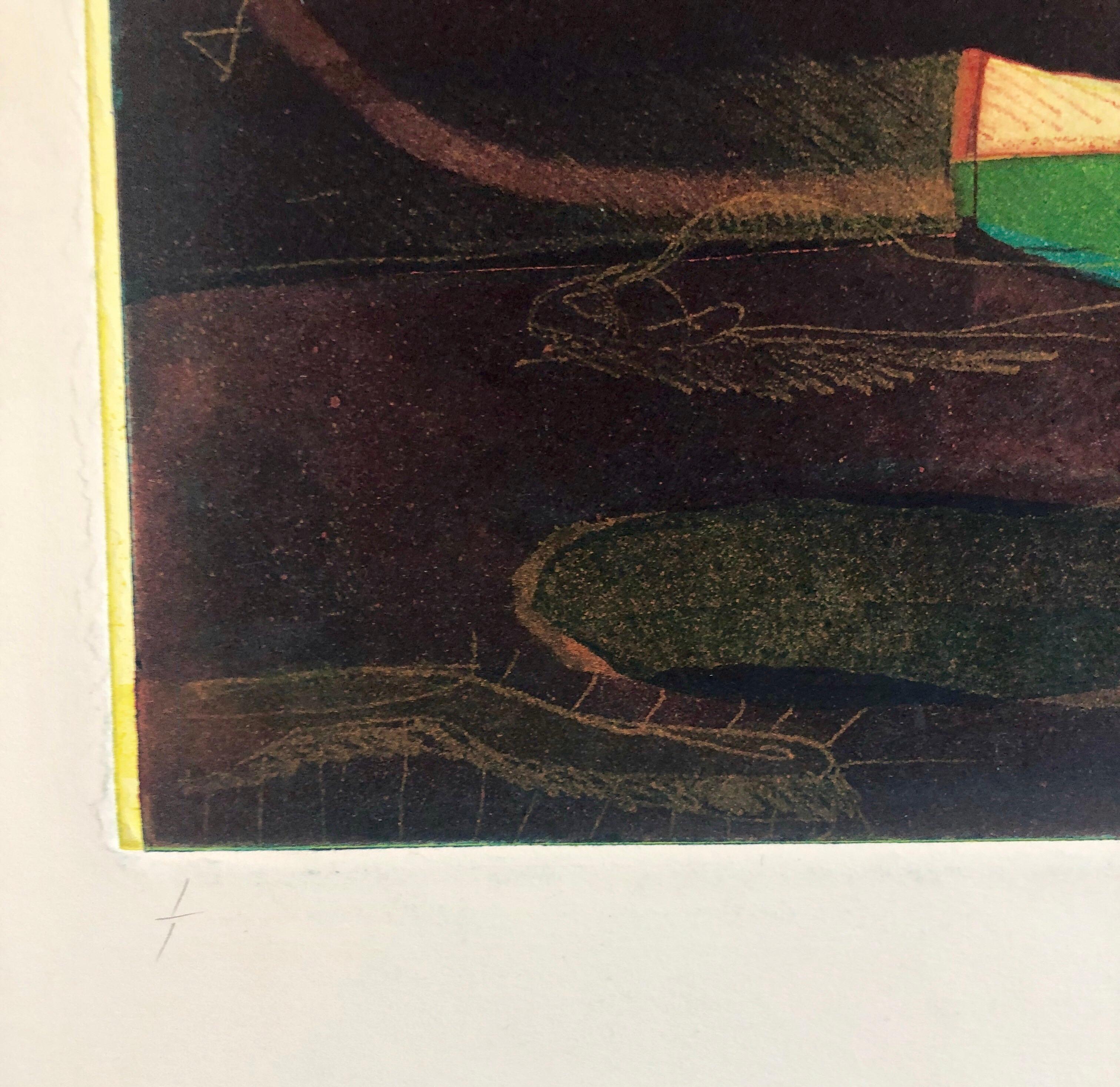 Abstrakter modernistischer farbenfroher, kühner Monodruck, Monotypie-Gemäldedruck, Pierre Obando im Angebot 3