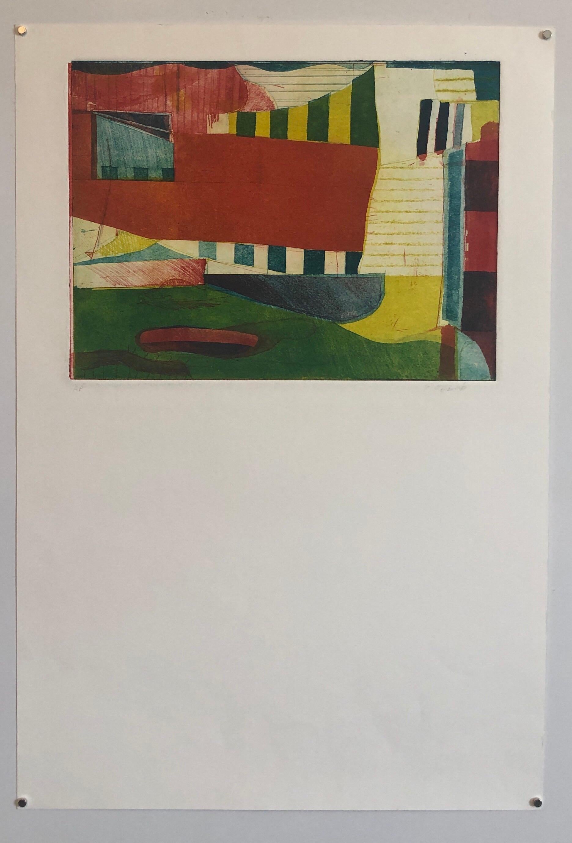 Abstrakter modernistischer farbenfroher, kühner Monodruck, Monotypie-Gemäldedruck, Pierre Obando im Angebot 4
