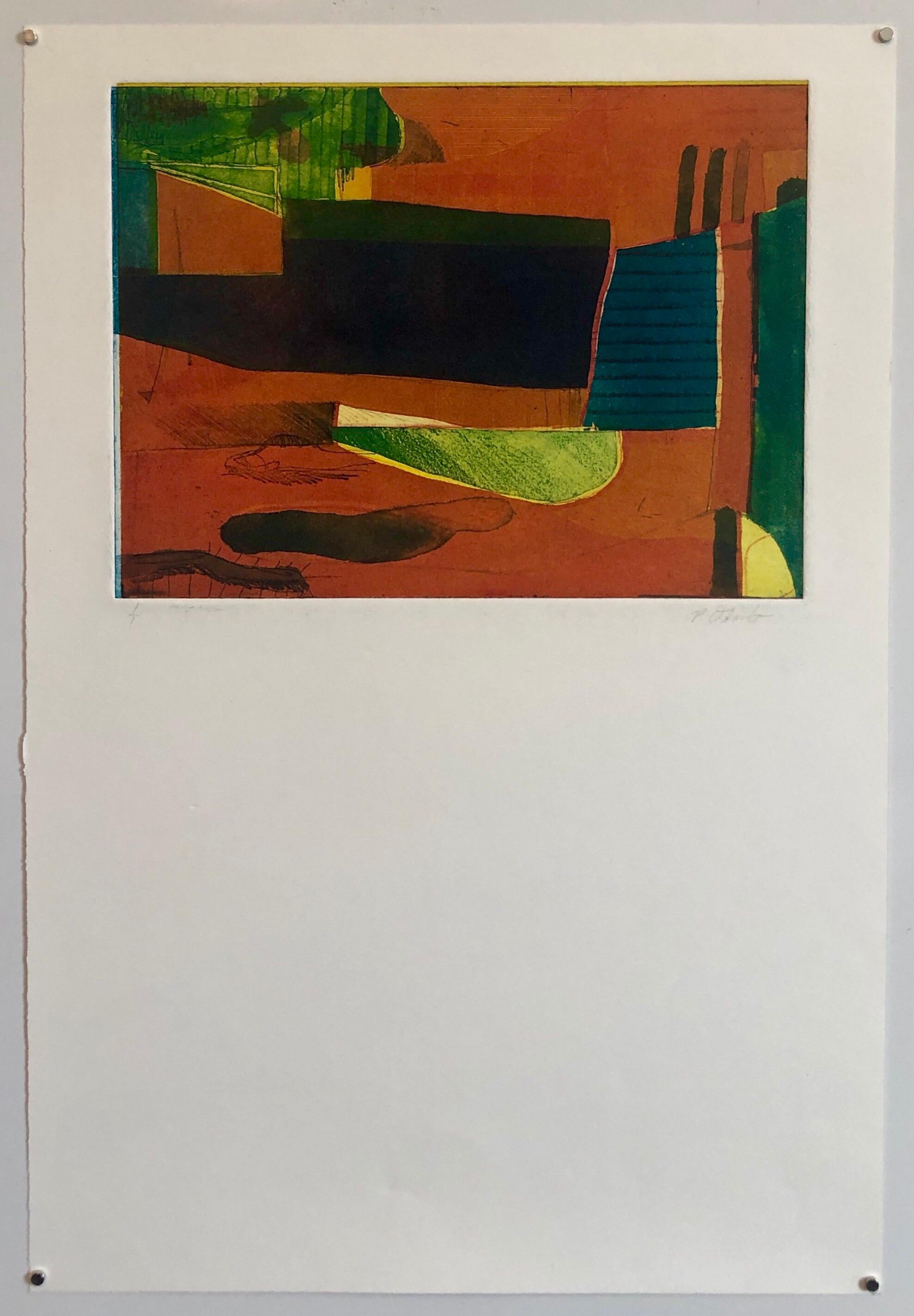 Abstrakter modernistischer farbenfroher, kühner Monodruck, Monotypie-Gemäldedruck, Pierre Obando im Angebot 5