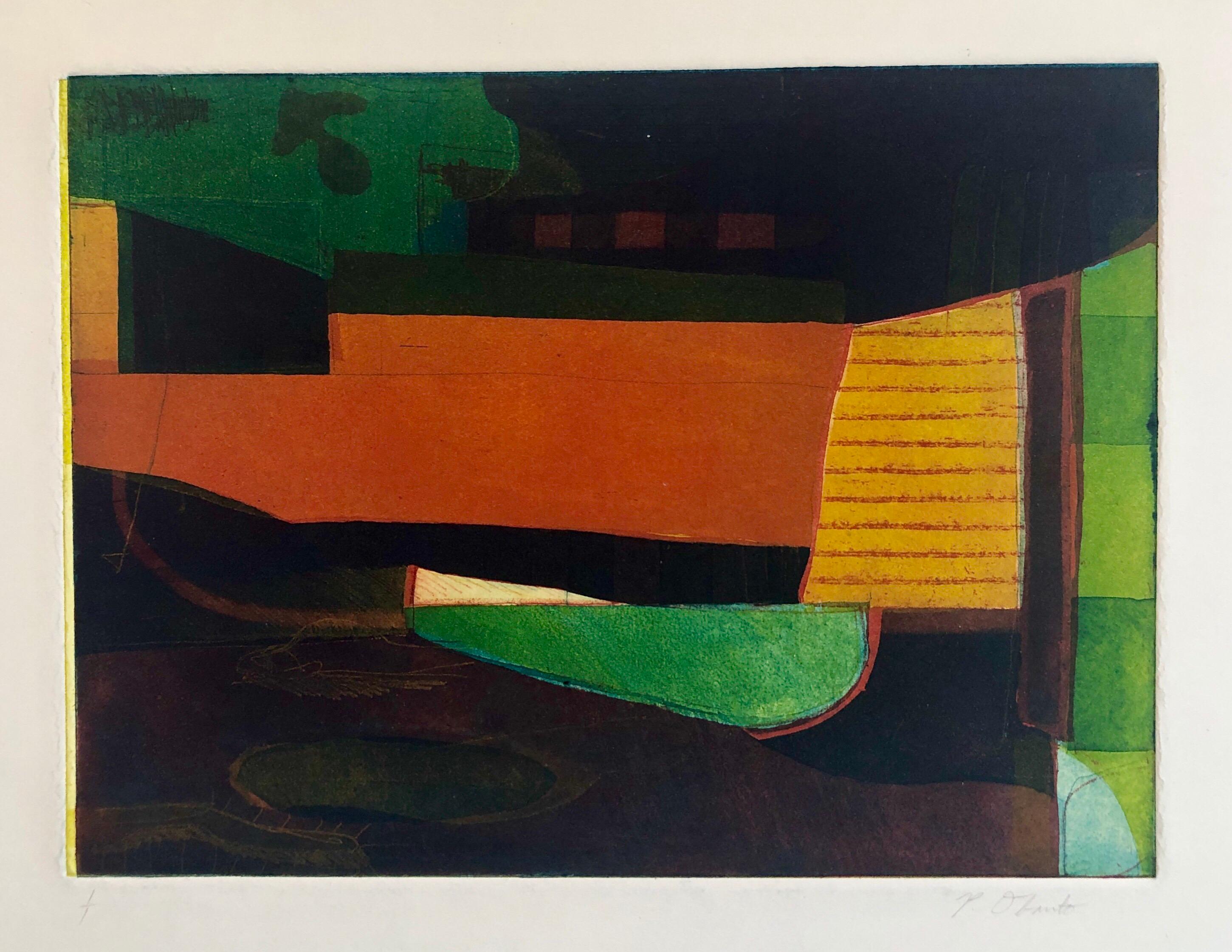 Stampa astratta modernista colorata e audace Monoprint Monotype Painting Print Pierre Obando