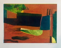 Abstrakter modernistischer farbenfroher, kühner Monodruck, Monotypie-Gemäldedruck, Pierre Obando