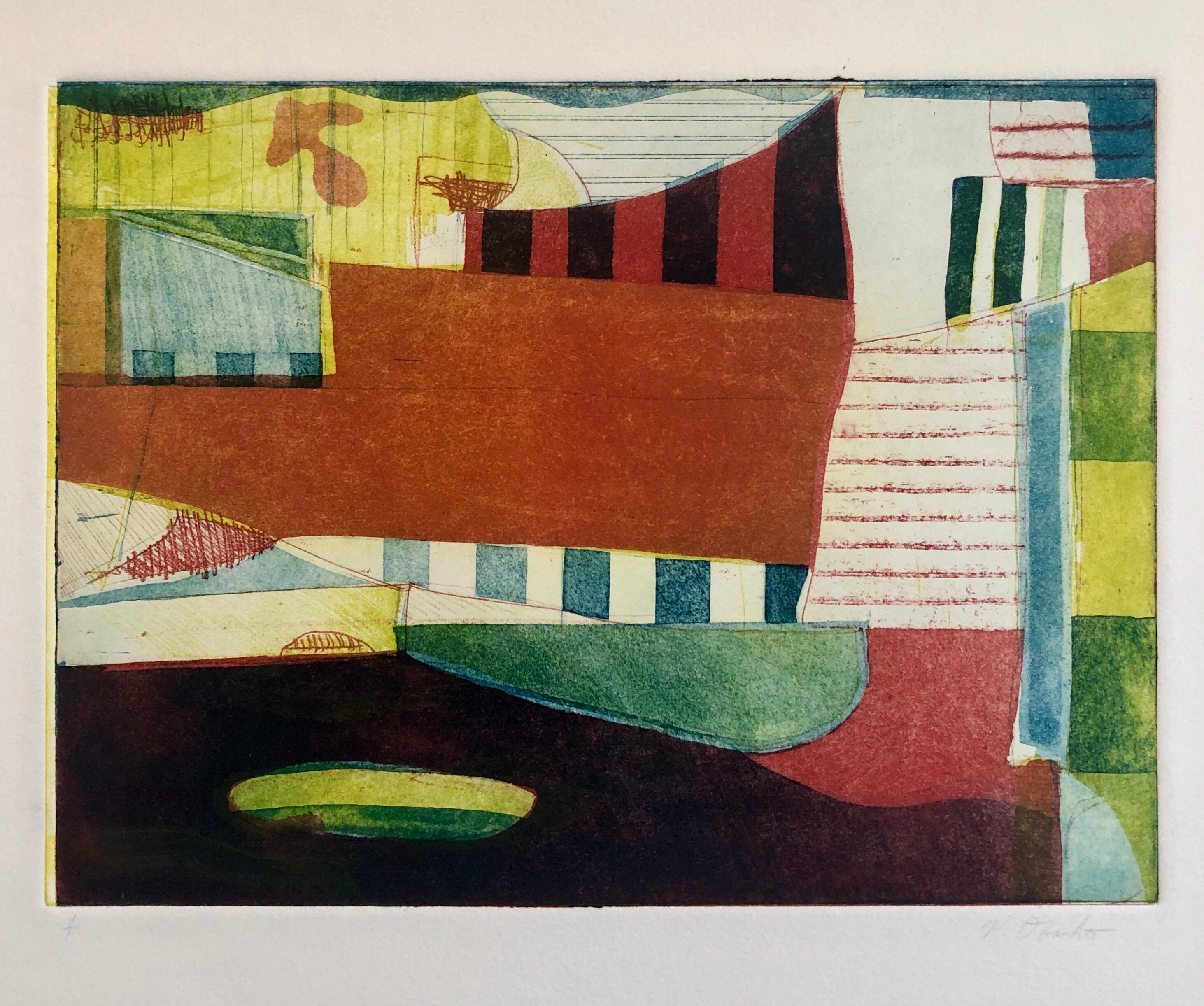 Abstract Modernist Colorful Bold Monoprint Monotype Painting Print Pierre Obando