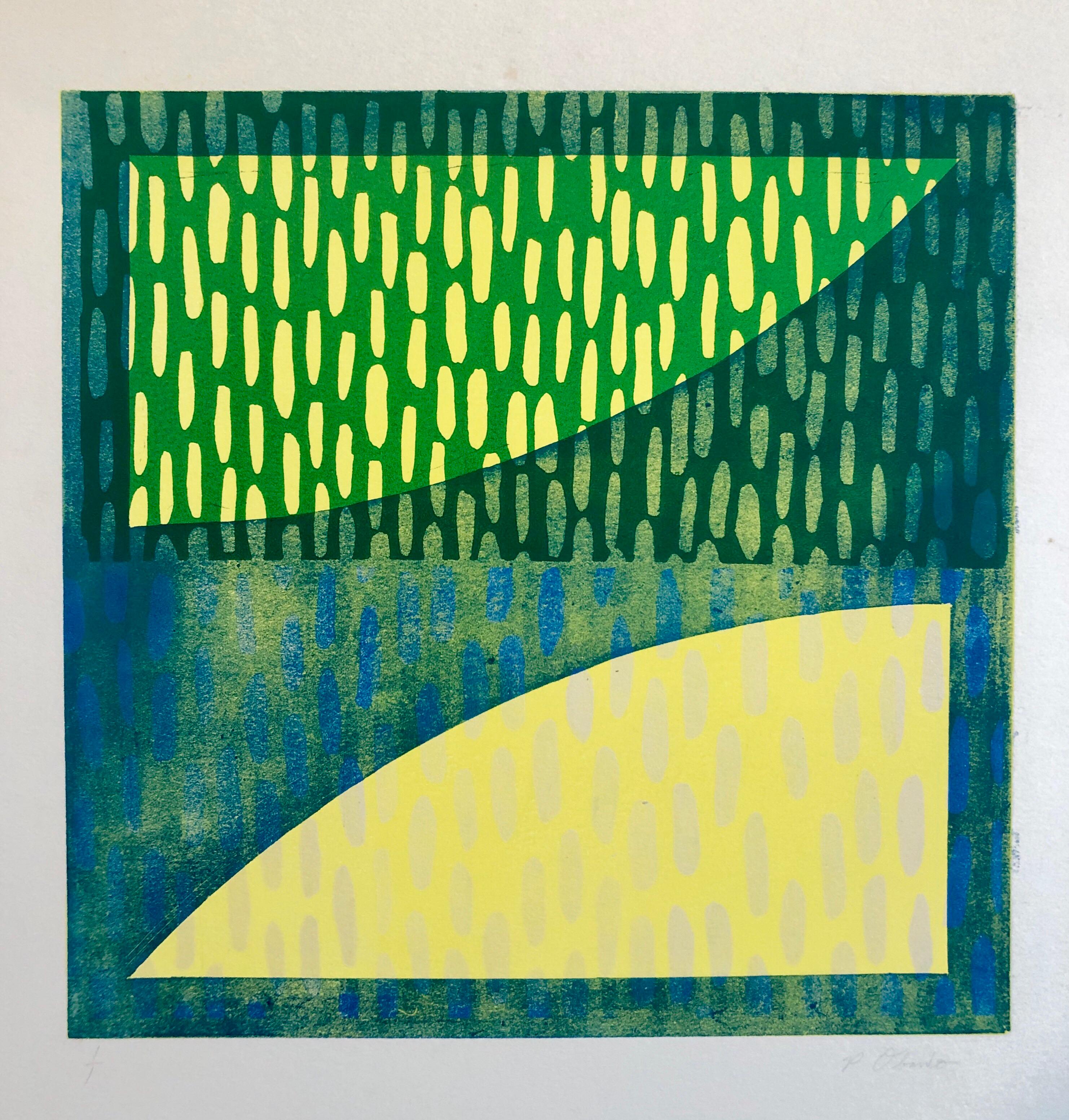 Abstrakter modernistischer farbenfroher, kühner Monodruck, Monotypie-Gemäldedruck, Pierre Obando