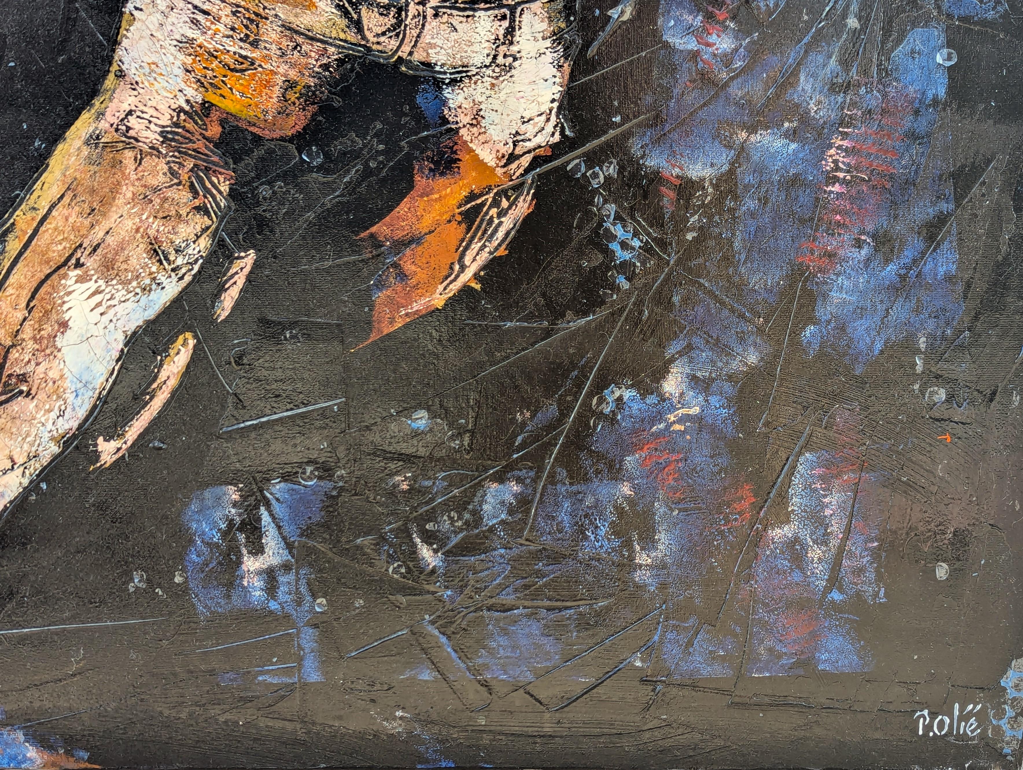 Pintura abstracta expresiva contemporánea de tonos oscuros del artista francés Pierre Olié. La obra presenta una figura sin rostro que se extiende en una pose dinámica sobre un fondo explosivo. Firmado en la esquina inferior derecha de la parte