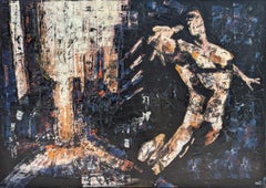 "Superhéroe" Pintura figurativa abstracta expresiva contemporánea de tonos oscuros