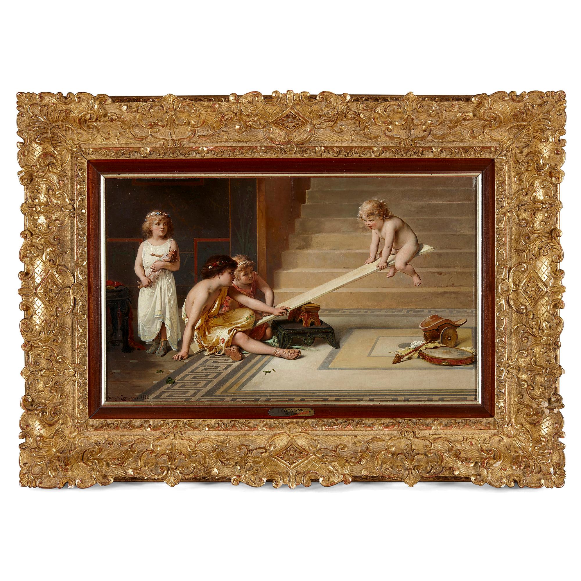 19th Century Academic Oil Painting 'Playing with the Seesaw' by Coomans