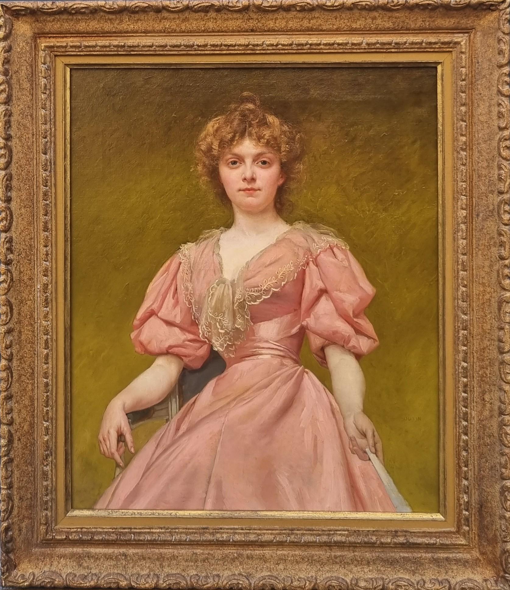 Französische Malerei OUTIN Akademisches Porträt Elegante Frau mit Fächer Spätes 19. – Painting von  Pierre Outin