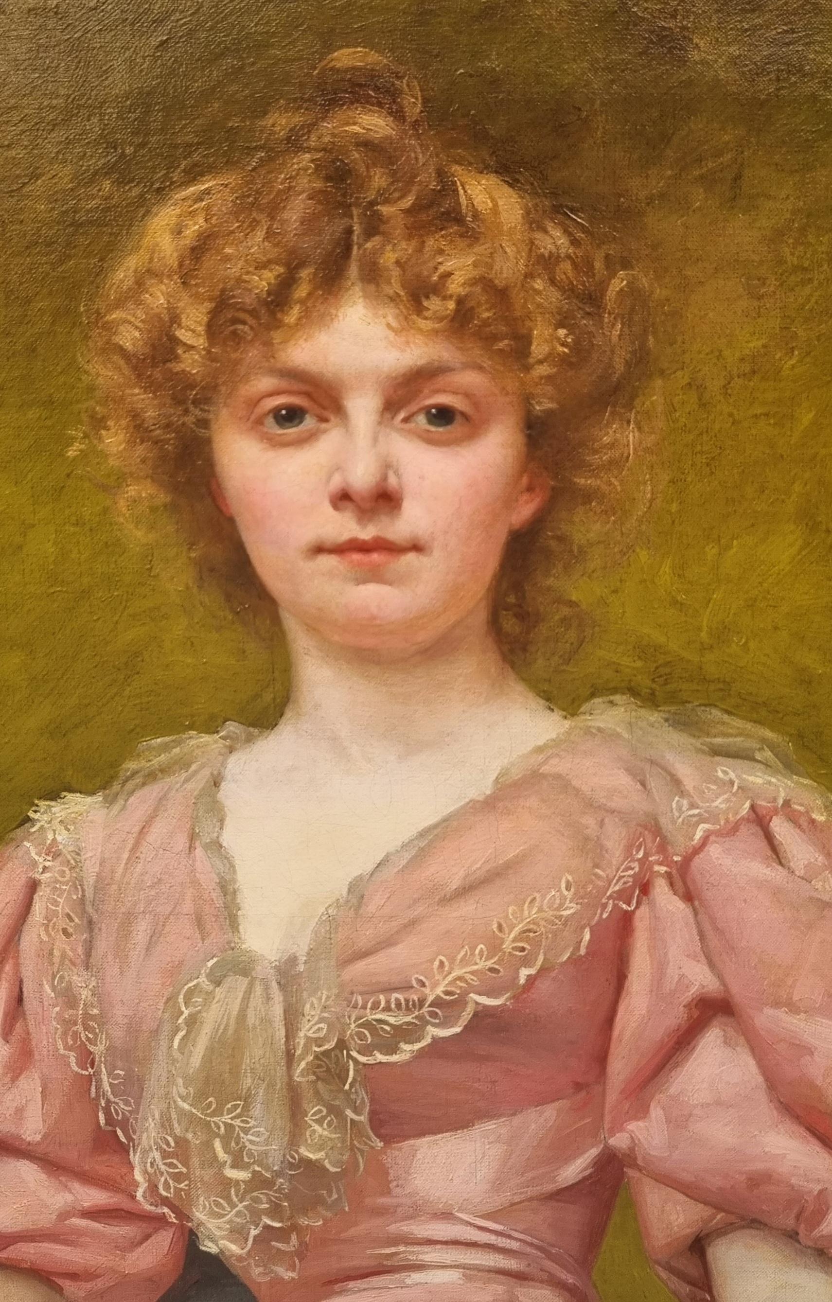 Französische Malerei OUTIN Akademisches Porträt Elegante Frau mit Fächer Spätes 19. (Braun), Portrait Painting, von  Pierre Outin