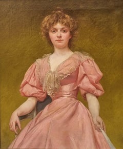 Französische Malerei OUTIN Akademisches Porträt Elegante Frau mit Fächer Spätes 19.