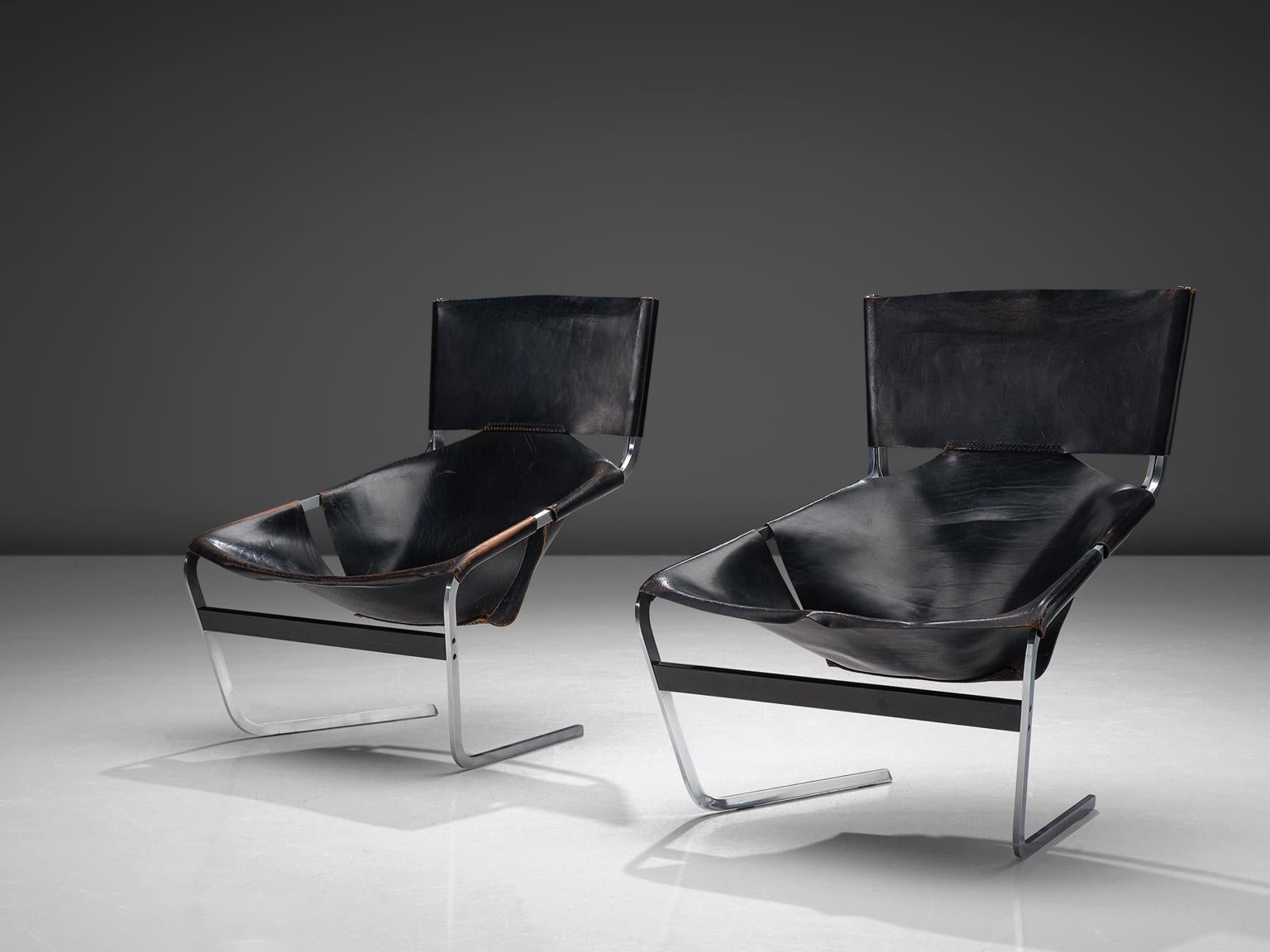 Mid-Century Modern Pierre Paulin F-444 Lounge Chairs in Black Leather