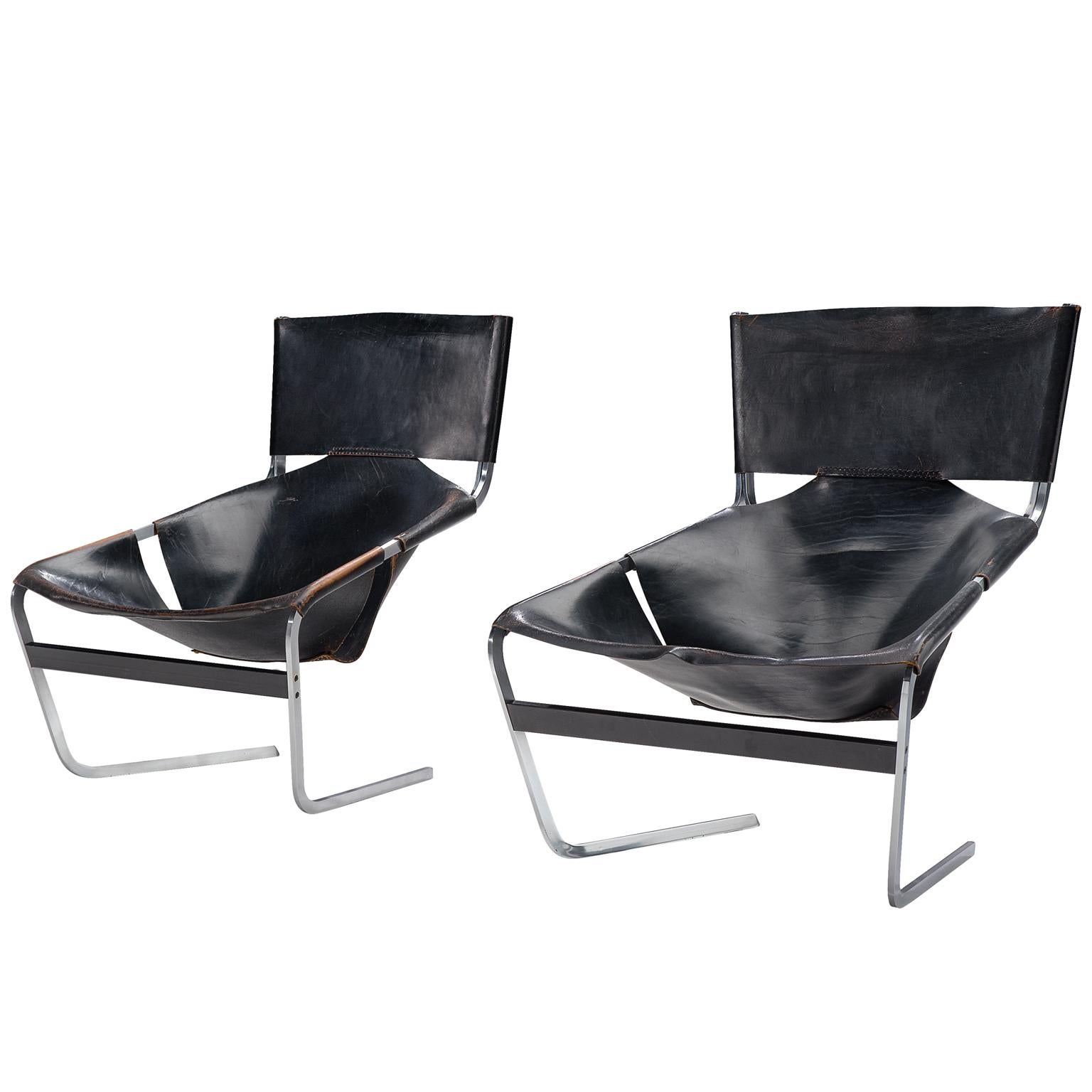 Pierre Paulin F-444 Lounge Chairs in Black Leather