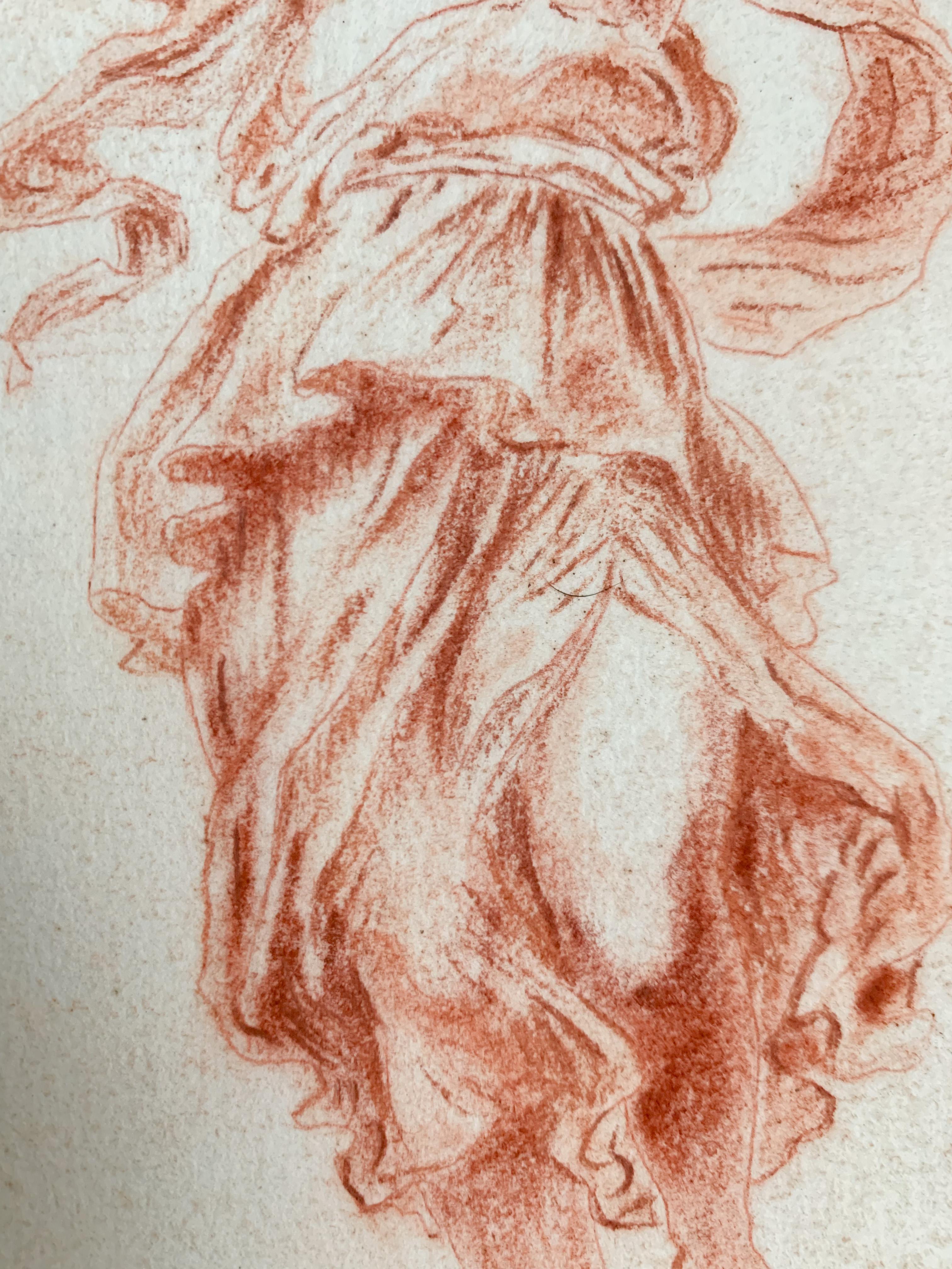 Nice drawing in red chalk made by Pierre Paul Prud'hon dated 1807. This study drawing represents a woman dressed in the antique style with nice draperies. This young woman is dancing and playing the triangle. 

Pierre Paul Prud'hon is a French
