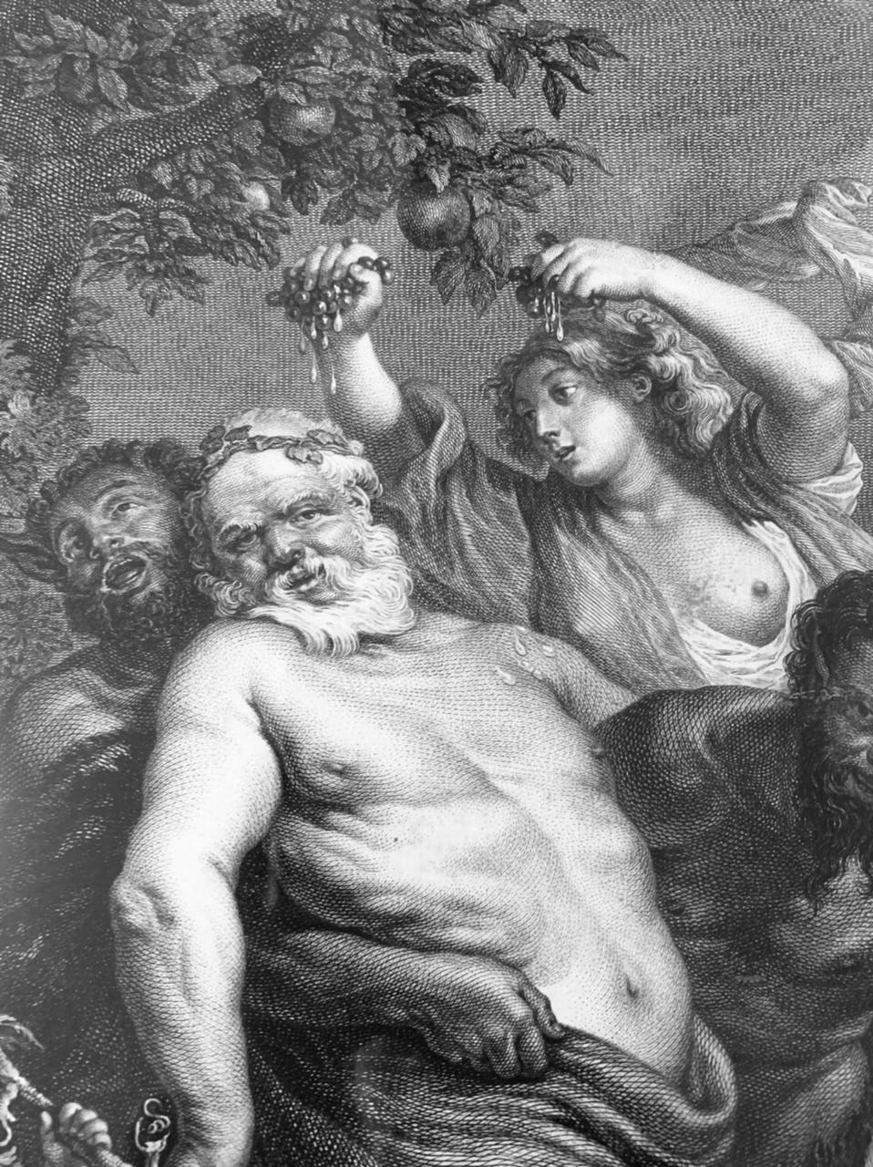 Beautiful engraving made by Nicolas de Launay after the work of Peter Paul Rubens.This engraving represents a bacchanalian scene featuring Silenus a mythological character. 
In this scene Silenus is in the center, intoxicated by wine. He is held by