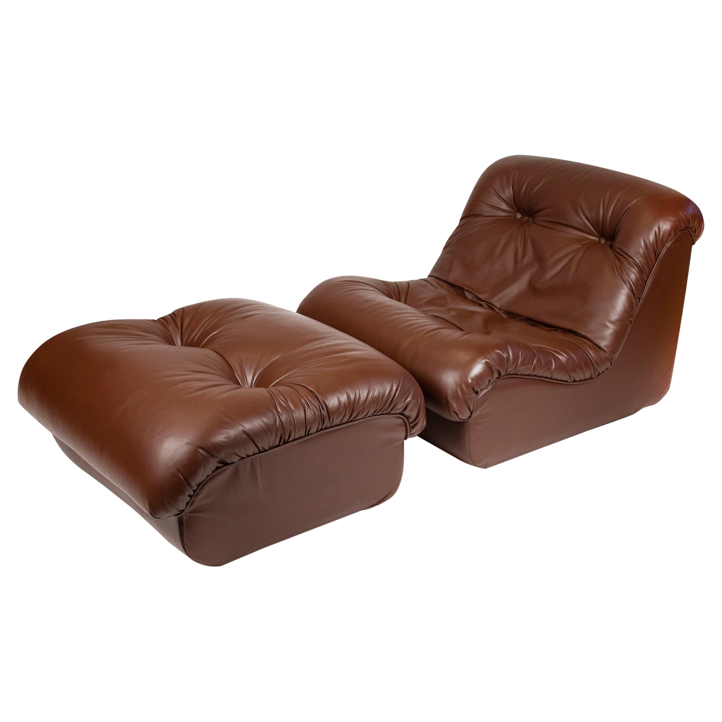 Pierre Paulin Artifort Lounge Chair and Ottoman in Chocolate Brown Leather 1970s
