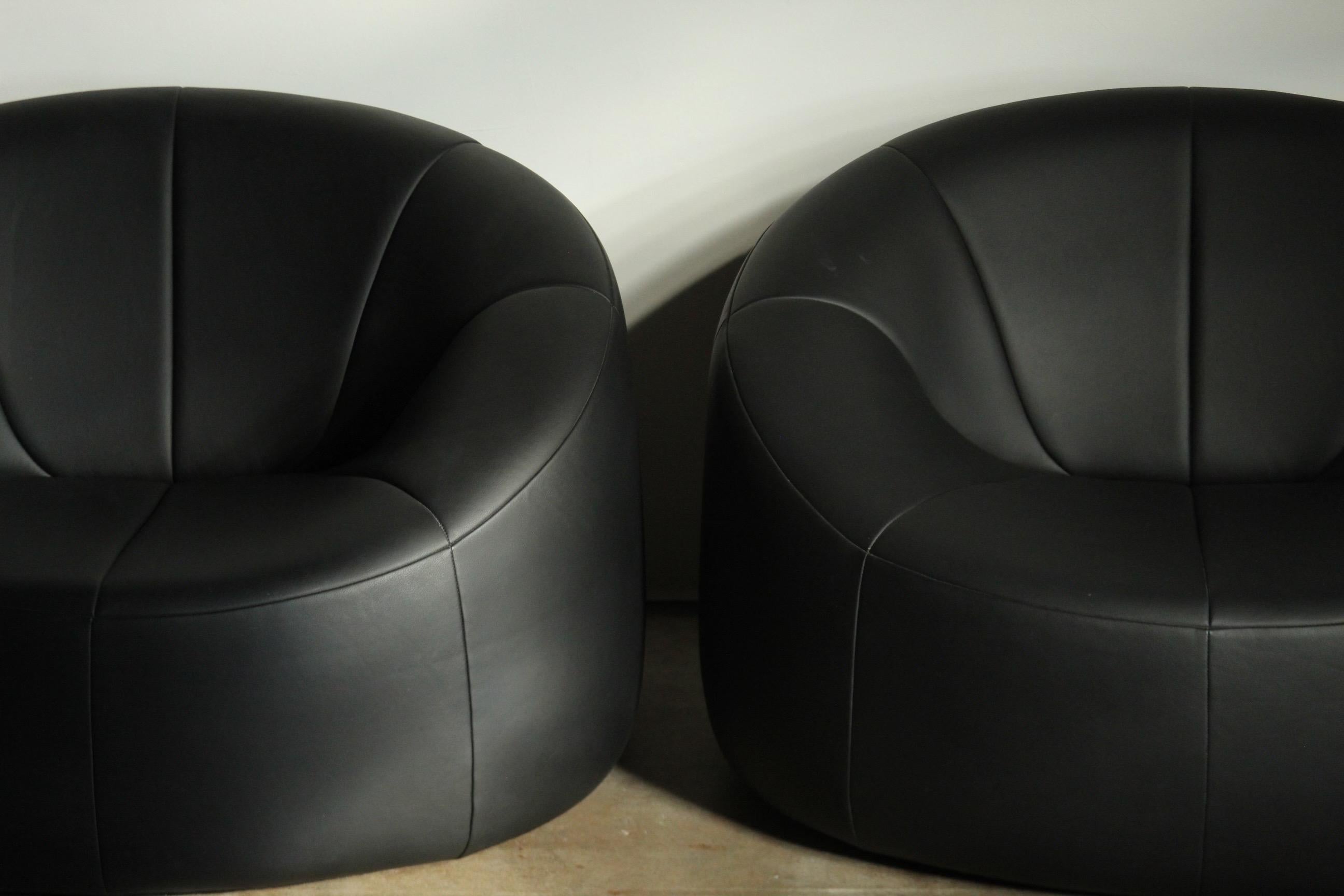 French Pierre Paulin Black Leather Pumpkin Lounge Chairs for Ligne Roset, 2000s