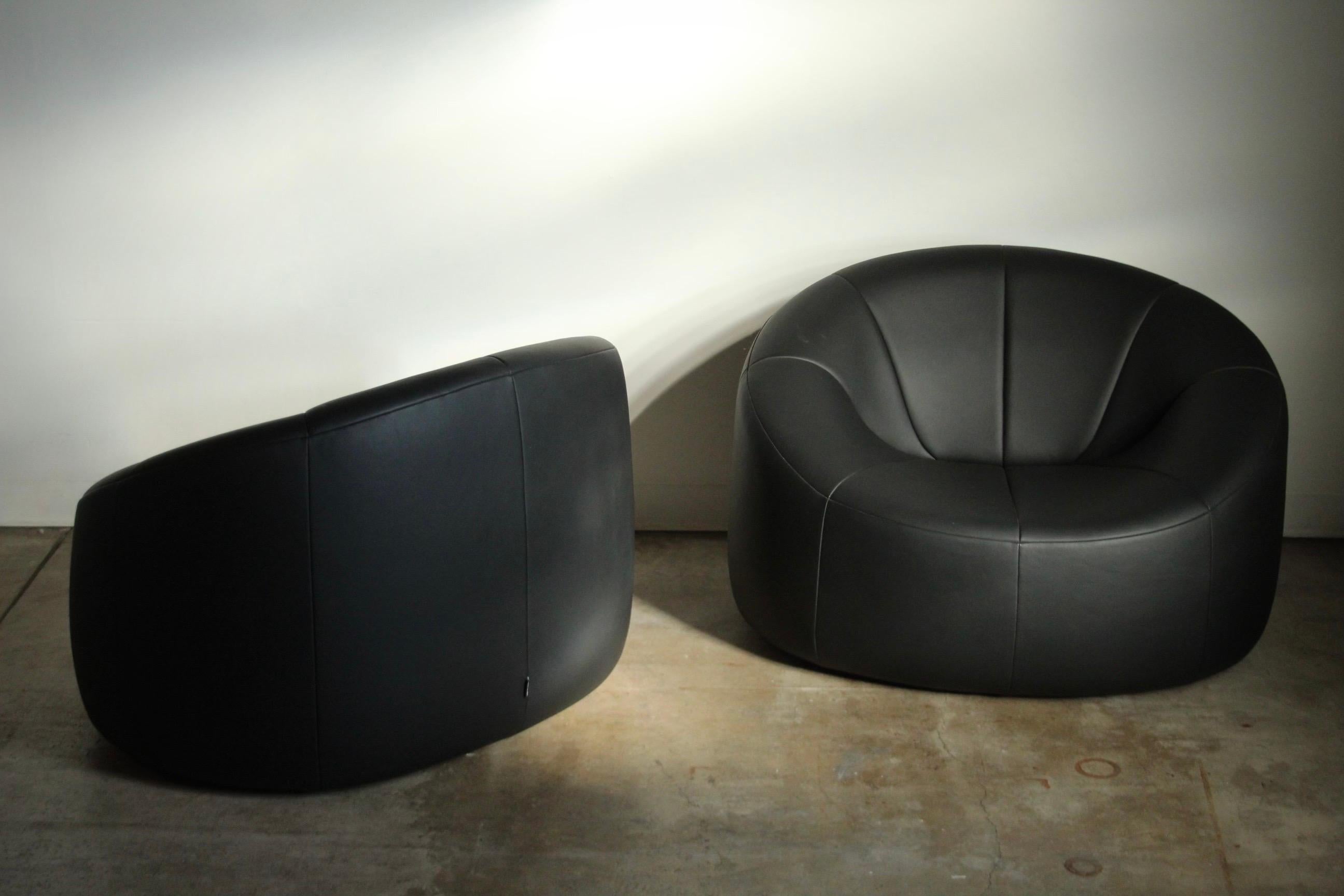 Pierre Paulin Black Leather Pumpkin Lounge Chairs for Ligne Roset, 2000s In Good Condition For Sale In Coronado, CA