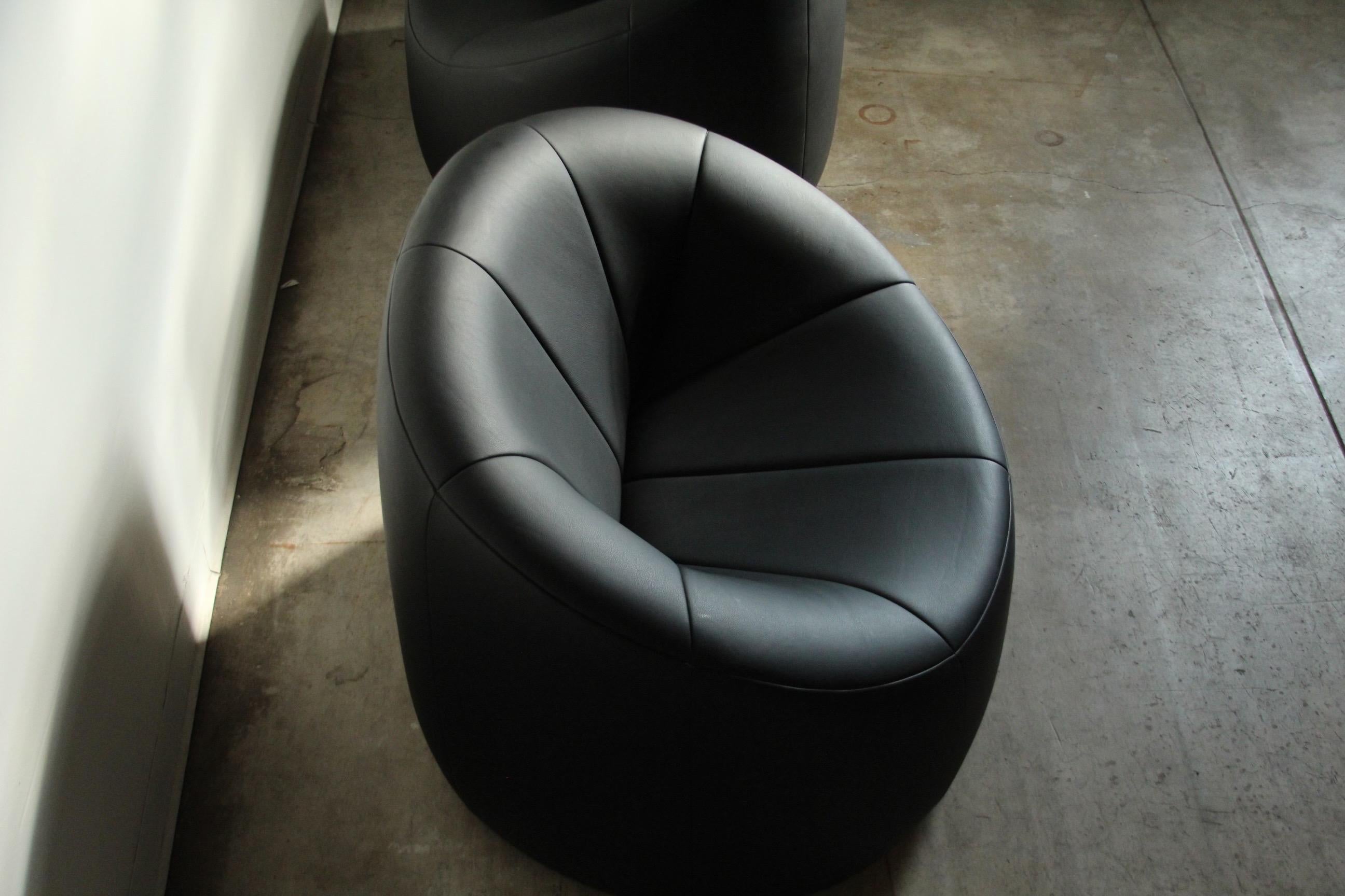 Contemporary Pierre Paulin Black Leather Pumpkin Lounge Chairs for Ligne Roset, 2000s For Sale