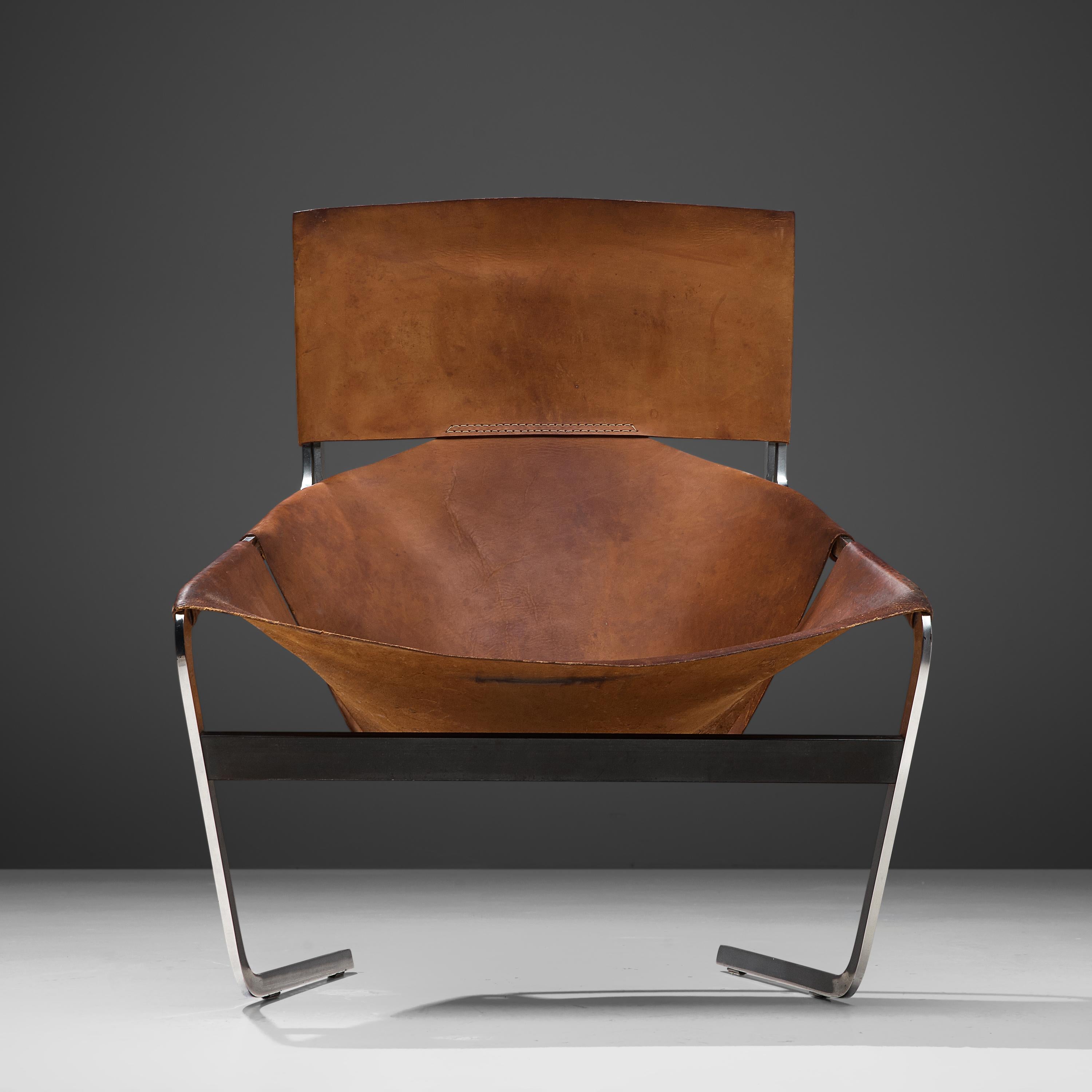 Mid-Century Modern Pierre Paulin for Artifort Lounge Chair Model F-444 in Metal and Leather