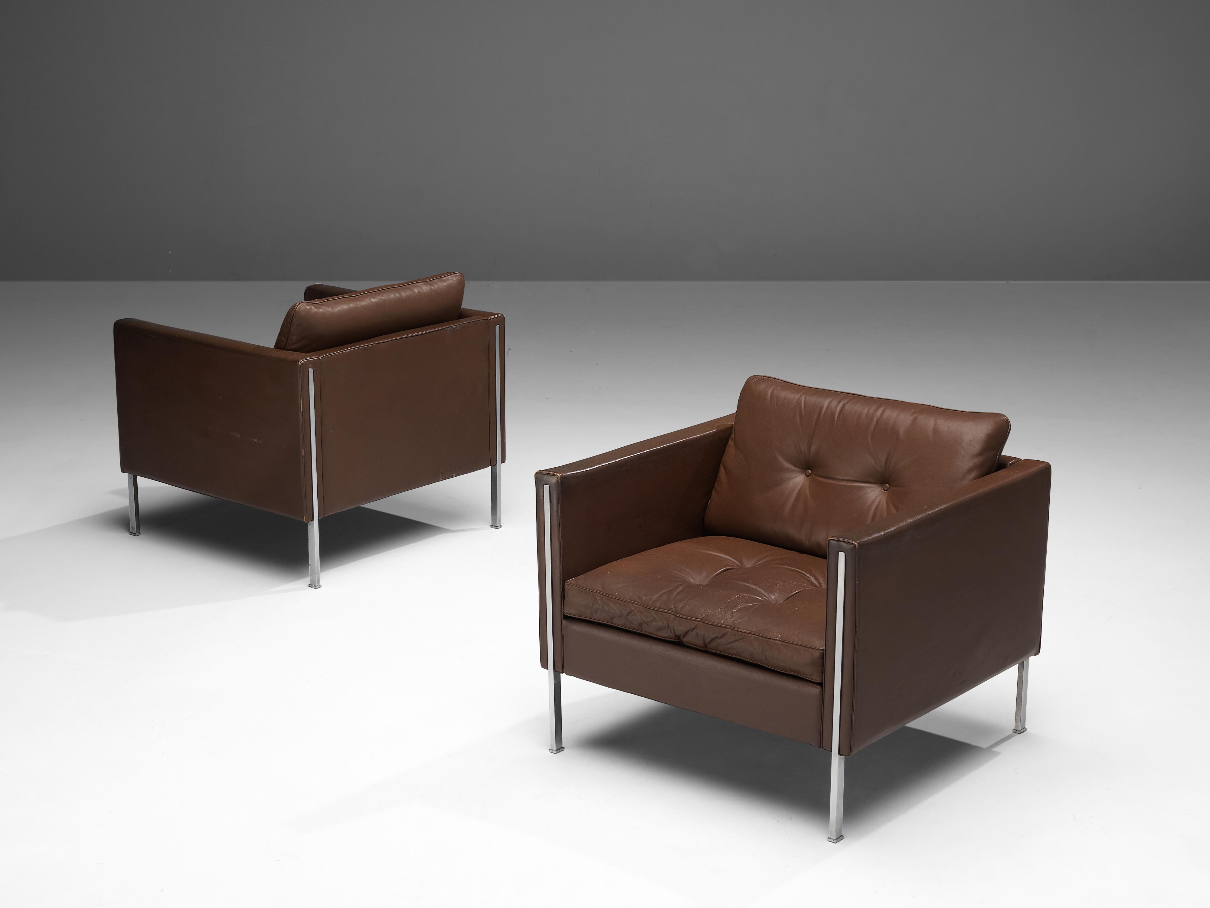 Mid-20th Century Pierre Paulin for Artifort Pair of Armchairs Model '442' in Brown Leather For Sale
