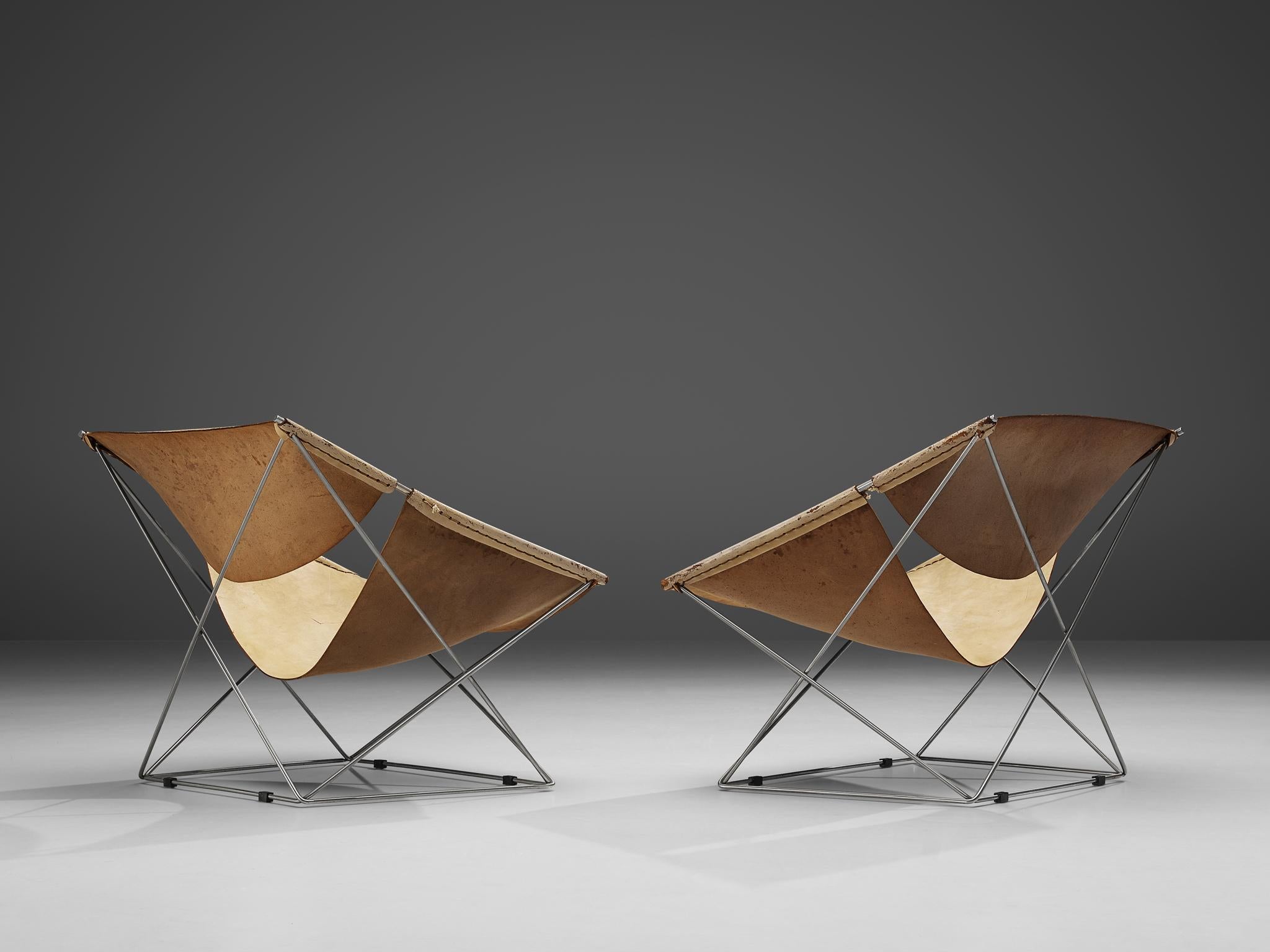 Mid-Century Modern Pierre Paulin for Artifort Pair of 'Butterfly' Chairs F675 in Original Leather