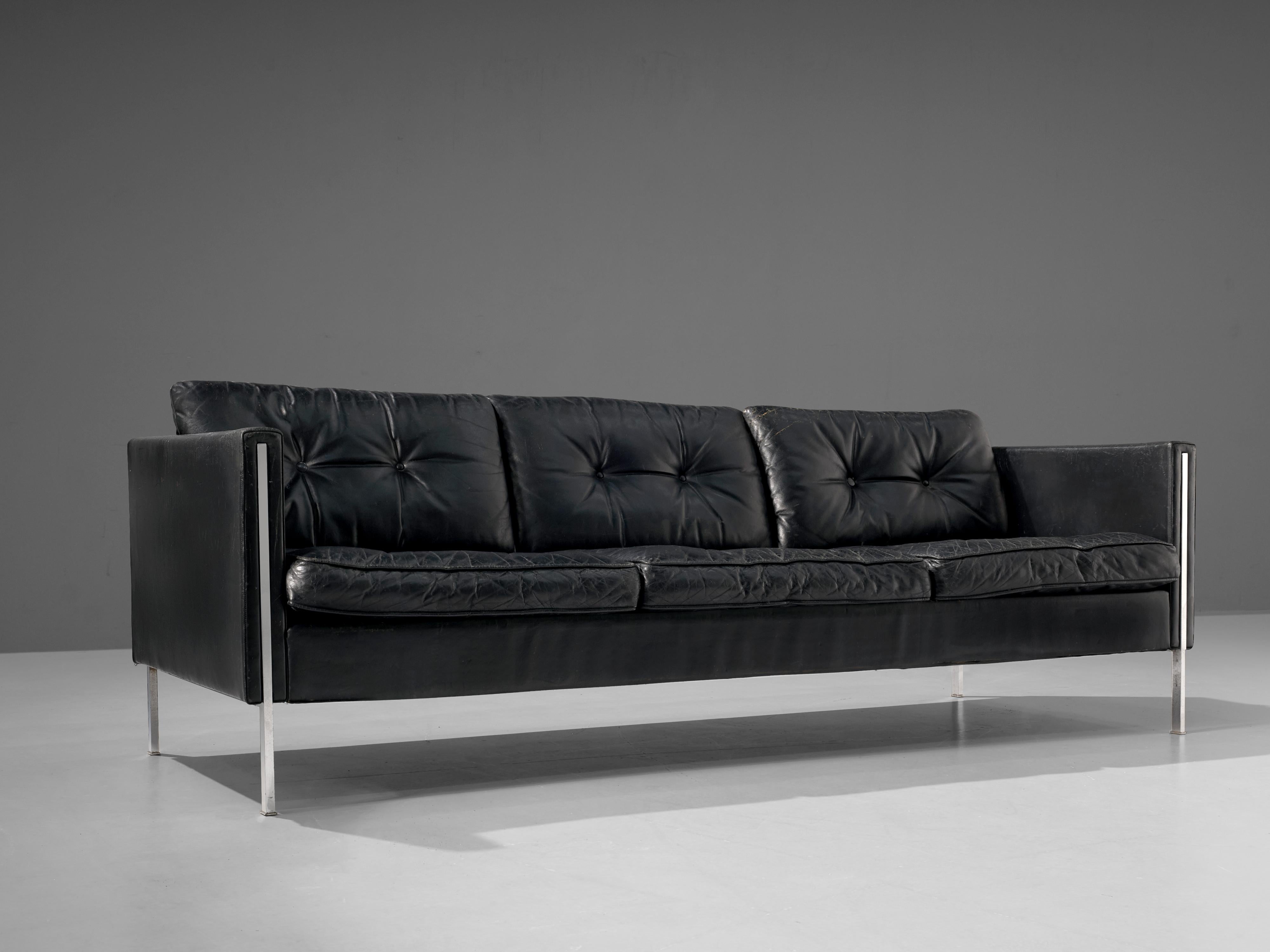 Steel Pierre Paulin for Artifort Sofa in Black Leather