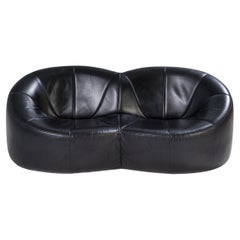 Pierre Paulin for Ligne Roset Black Leather 2 Seater Pumpkin Loveseat Sofa