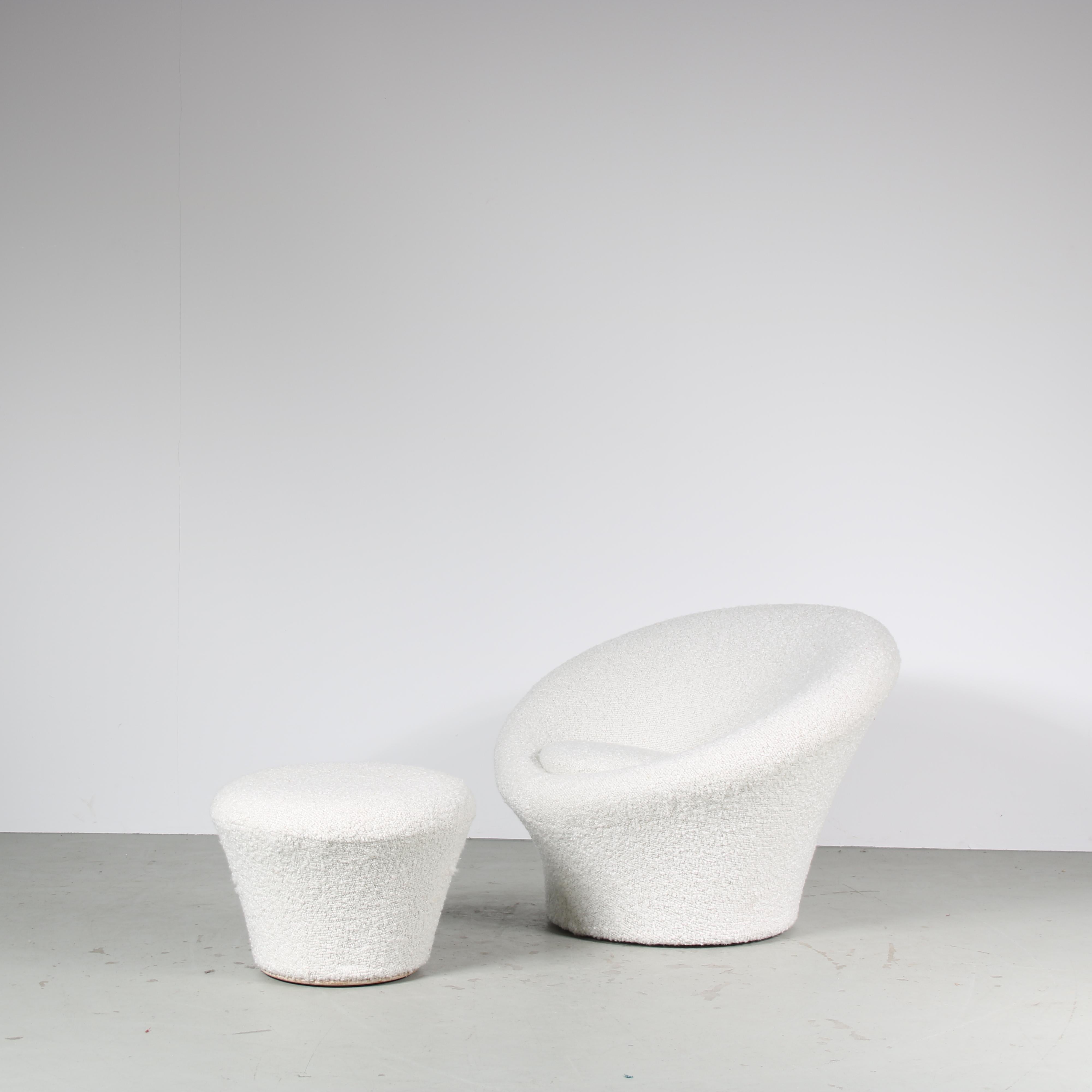 A beautiful “Mushroom” chair with matching pouf, designed by Pierre Paulin and manufactured by Artifort in the Netherlands around 1960.

This iconic piece, model 560, is a highly recognizable piece of mid-century design! The large, rounded seat
