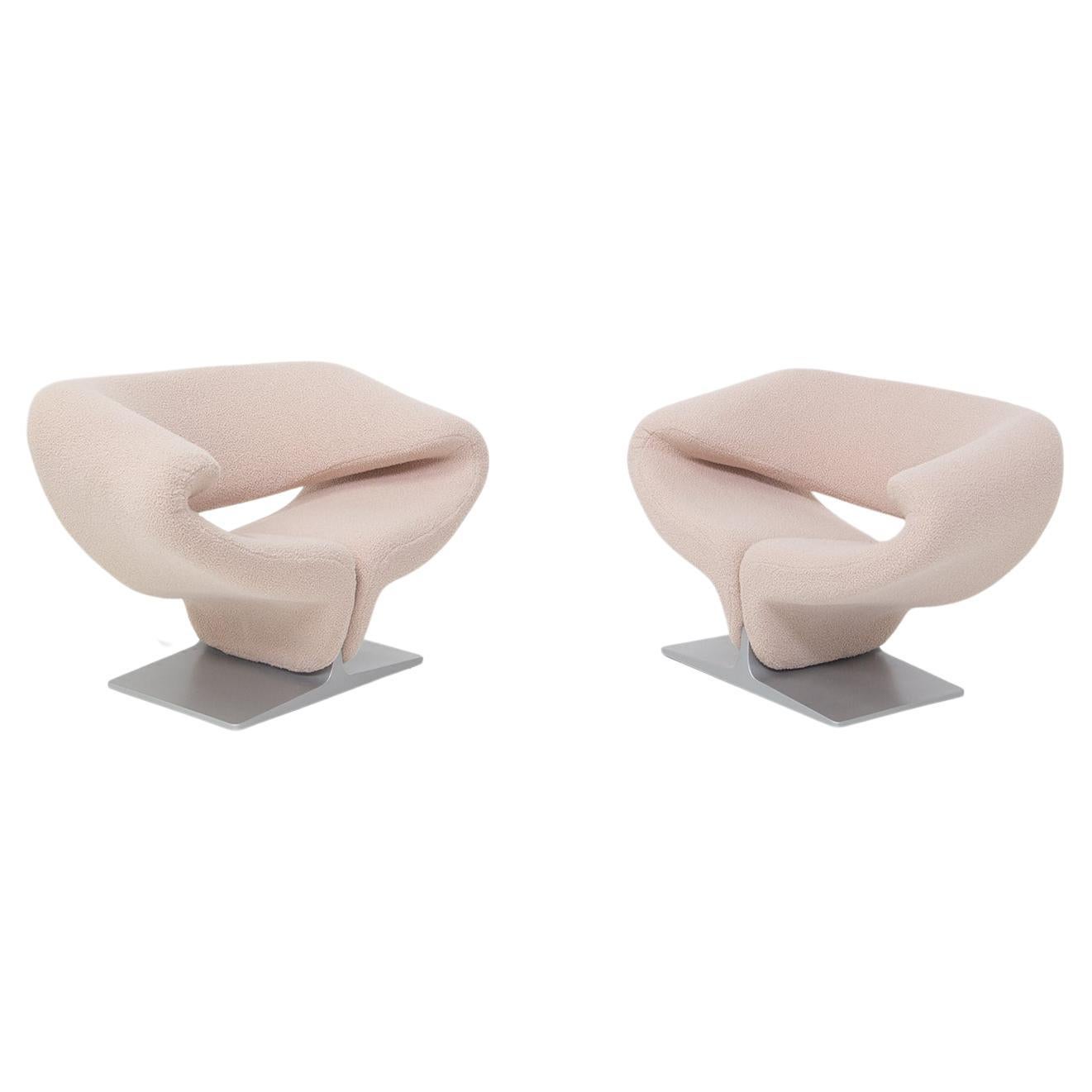 Pierre Paulin Ribbon Armchairs for Artifort in Pink Bouclè, First Edition