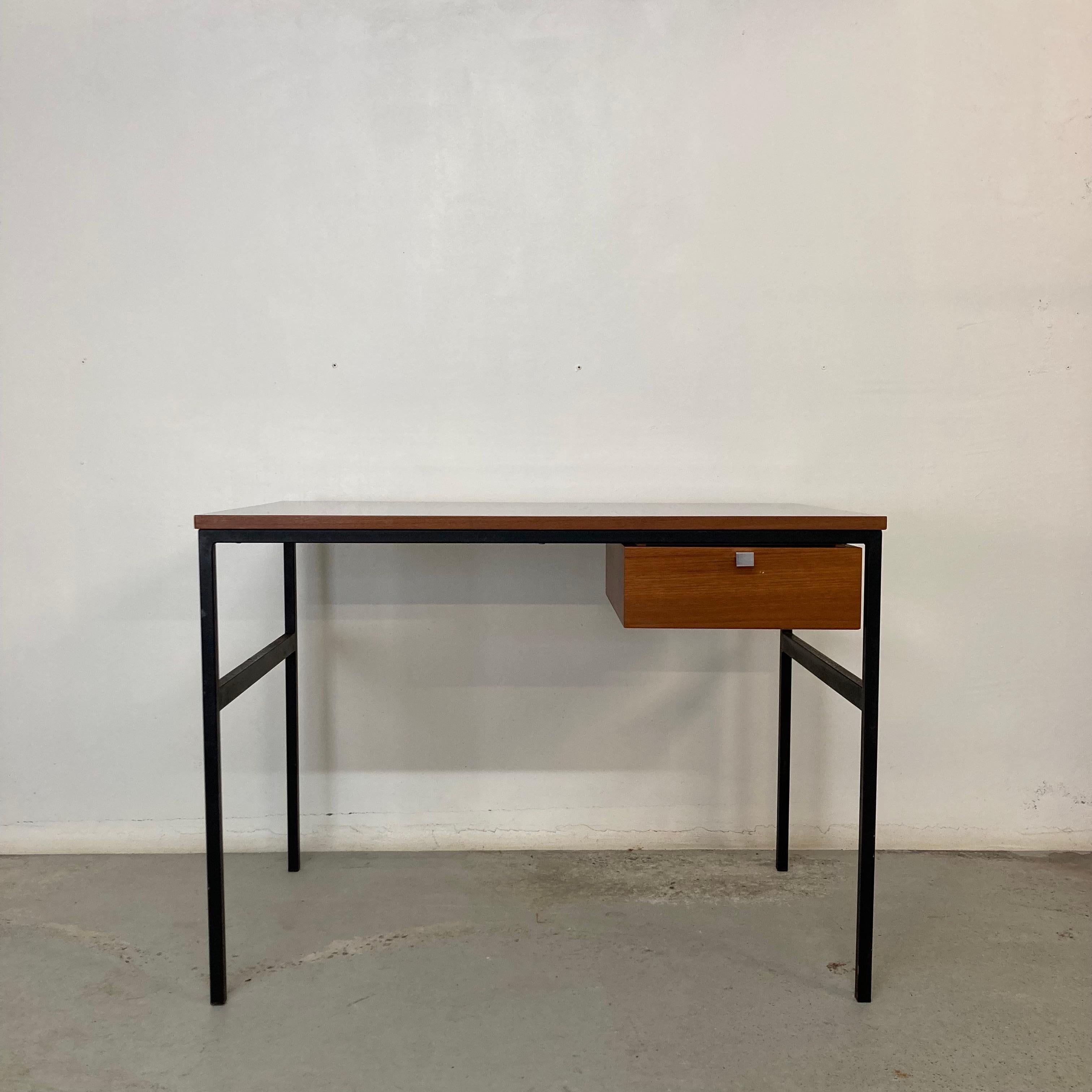 Mid-Century Modern Pierre Paulin & Thonet Desk with Drawer, Metal Teak & Formica, France Circa 1955 For Sale