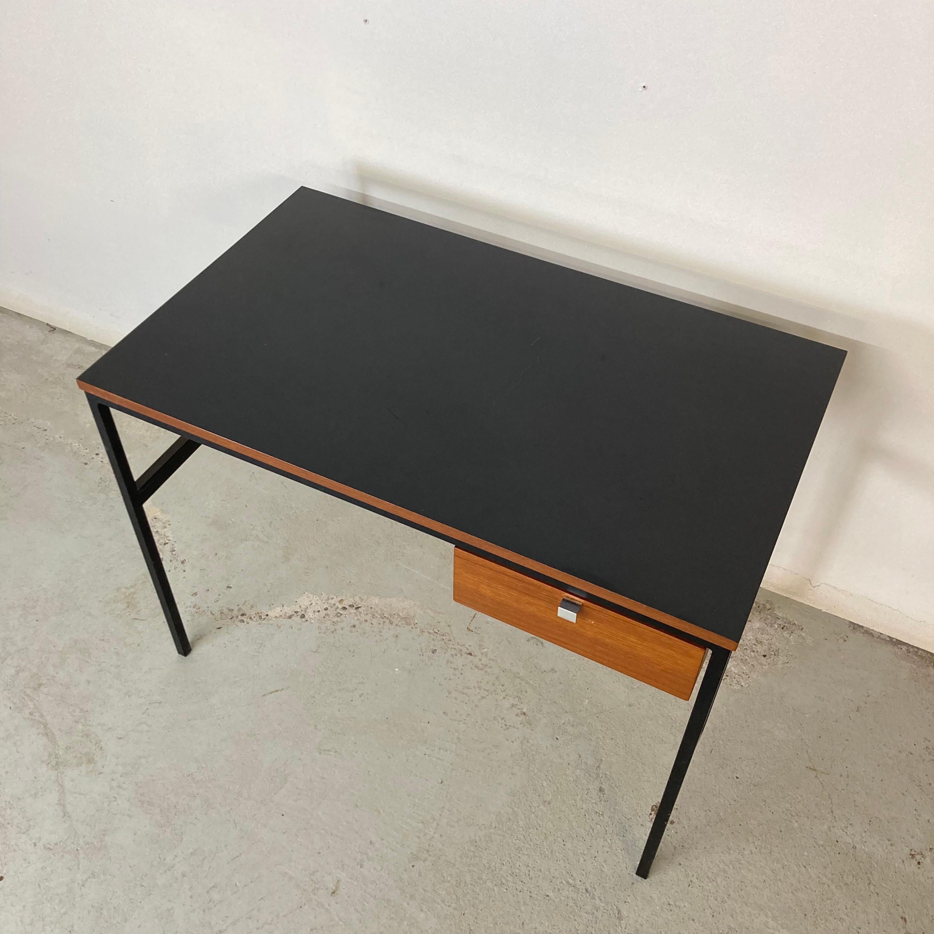 French Pierre Paulin & Thonet Desk with Drawer, Metal Teak & Formica, France Circa 1955 For Sale